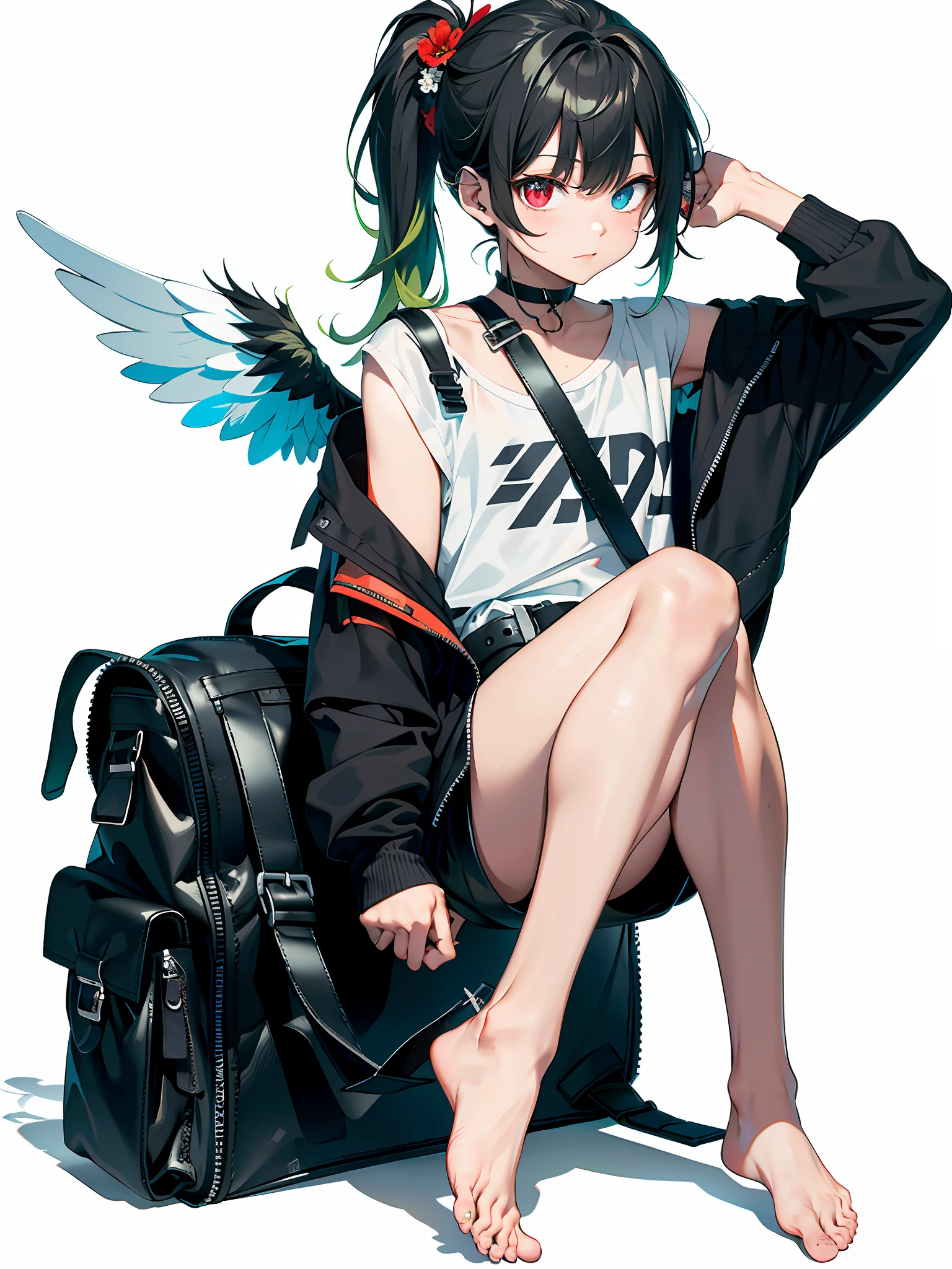 (8k, best quality, masterpiece: 1, 2), top quality, masterpiece, underwear without panties, glasses, green hair, long hair, bangs, big ponytail, heterochromia, blue pupil of left eye, red pupil of right eye, blue eye of left eye, red eye of right eye, angel wings, head ring, white head flower, casual wear, black backpack strap, neck strap, bare foot, bare foot, single foot, ankle ring, leg ring, flat chest, tomboy, exposed, edge rubbing, leaky flesh