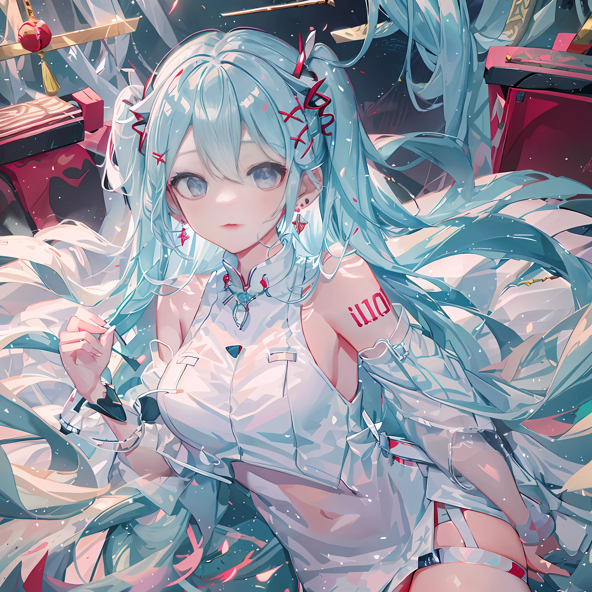 white High split cheongsam，white loli，thin，chinese，Red pupil，Earrings，Whole body, long white hair，earrings,Lie, lie on the white bed. Bracelet, earring，hairpins, bracelets, jewelry, necklaces,， white stockings, lift, reveal, lace, nice, beatuy, pretty
