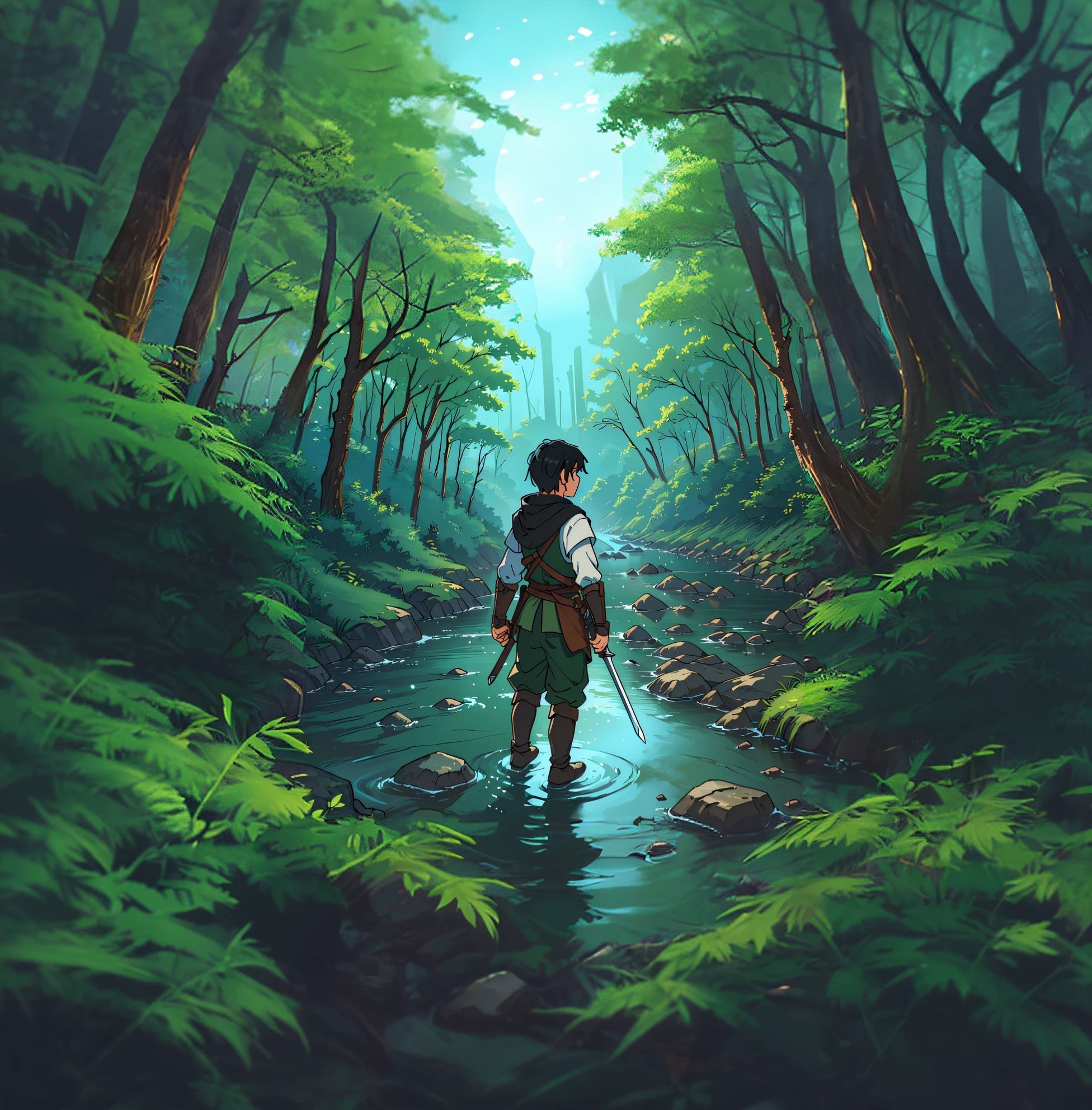 Anime style illustration of man standing in deep forest holding sword, holding sword in forest, fantasy RPG book illustration, fantasy game art style, fantasy graphic novel style, RPG illustration, epic fantasy art style, medieval fantasy game art, epic fantasy digital art style, Fantasy comic styling, detailed game art, Coriolios RPG art style, epic RPG artwork