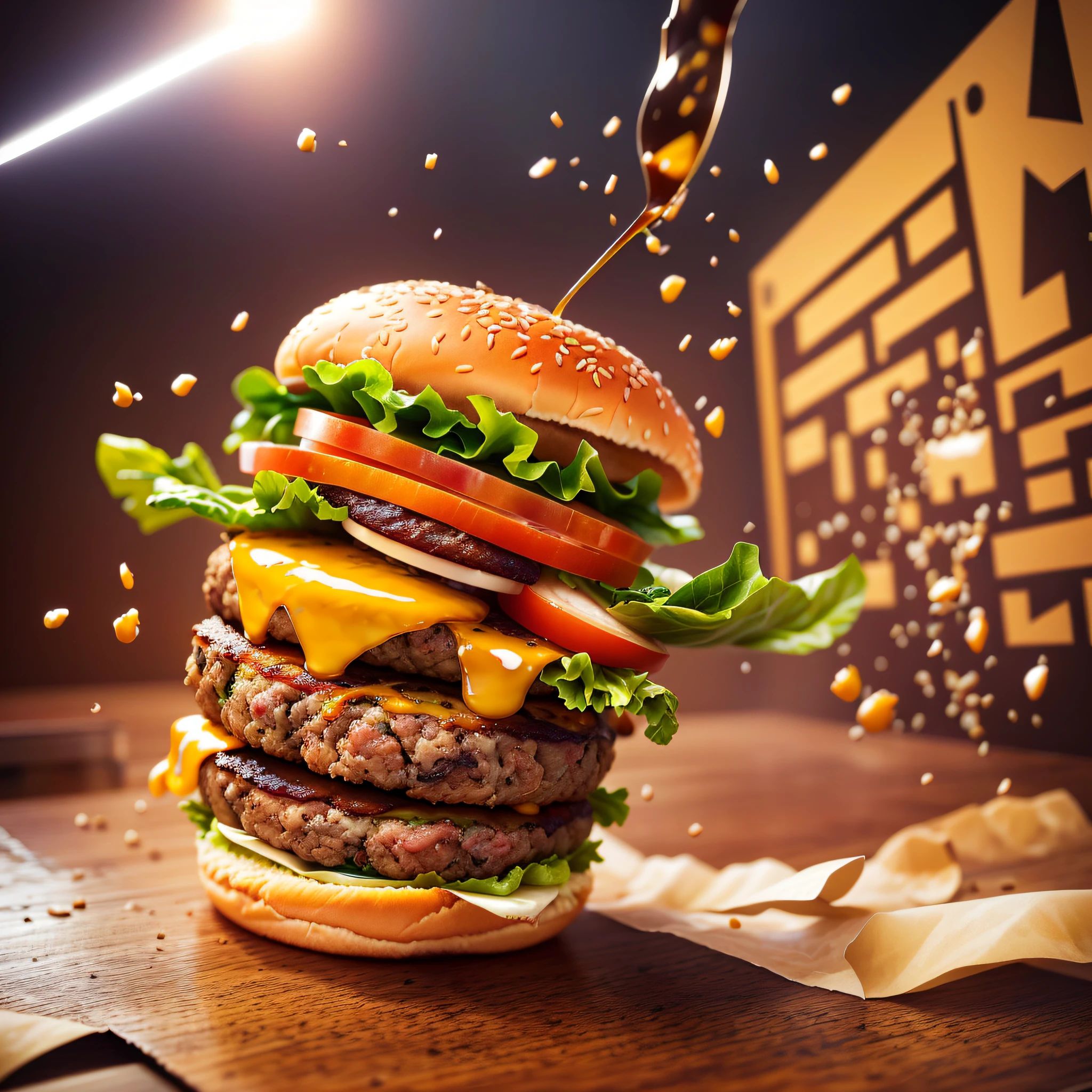 araffe burger with lettuce, tomato, cheese and lettuce being drizzled over it, food commercial 4 k, big juicy burger, high quality food photography, burger with a mouth, burger, fast food review, cheeseburger, 4k food photography, 4 k food photography, food advertisement, food photography 4 k, professional food photography, amazing food photography, best on adobe stock