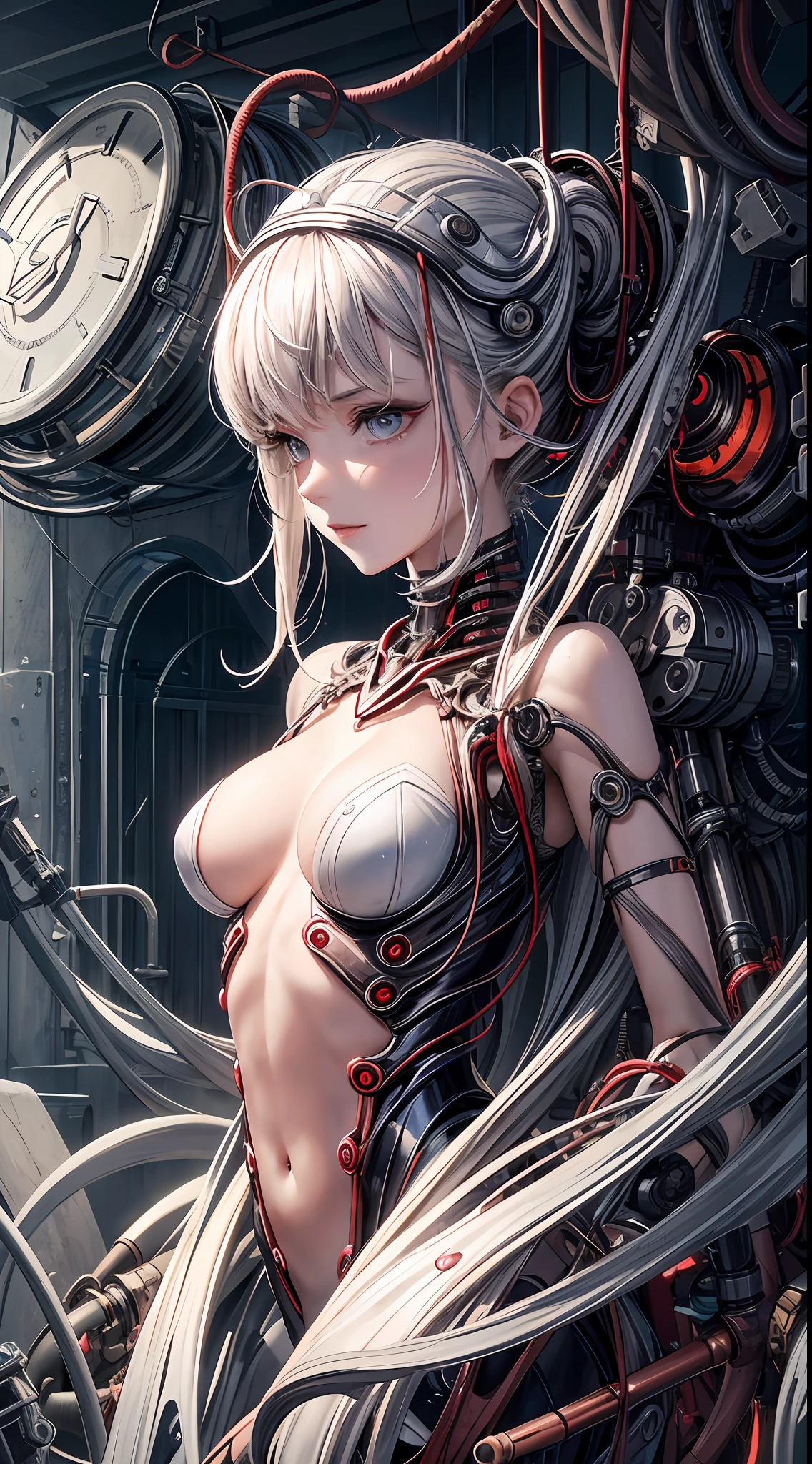 (((Masterpiece))), ((Best Quality)), (Super Detail), (CG Illustration), (Very Evil and Beautiful)), Cinematic Light, ((1 Mechanical Girl)), Single, (Mechanical Art: 1.4), ((Mechanical limb)), (Blood vessel attached to a tube), ((Mechanical spine attached to the back)), ((Mechanical cervical vertebrae attached to the neck), (Back to the viewer)), expressionless, ( Wires and cables attached to the head and body: 1.5), Science Fiction, Apocalypse, Ruins, (Lower Body Integrated with Mechanical Devices), (Blood: 1.5), Cruelty, Absurdity, , Fusion with Machines, Doomsday Time, Super Future, Inorganic, Laboratory, Restraint, (Beautiful Indulgence: 1.2), (1 Girl: 1.3), Body Wrapped Around Mechanical Tentacles