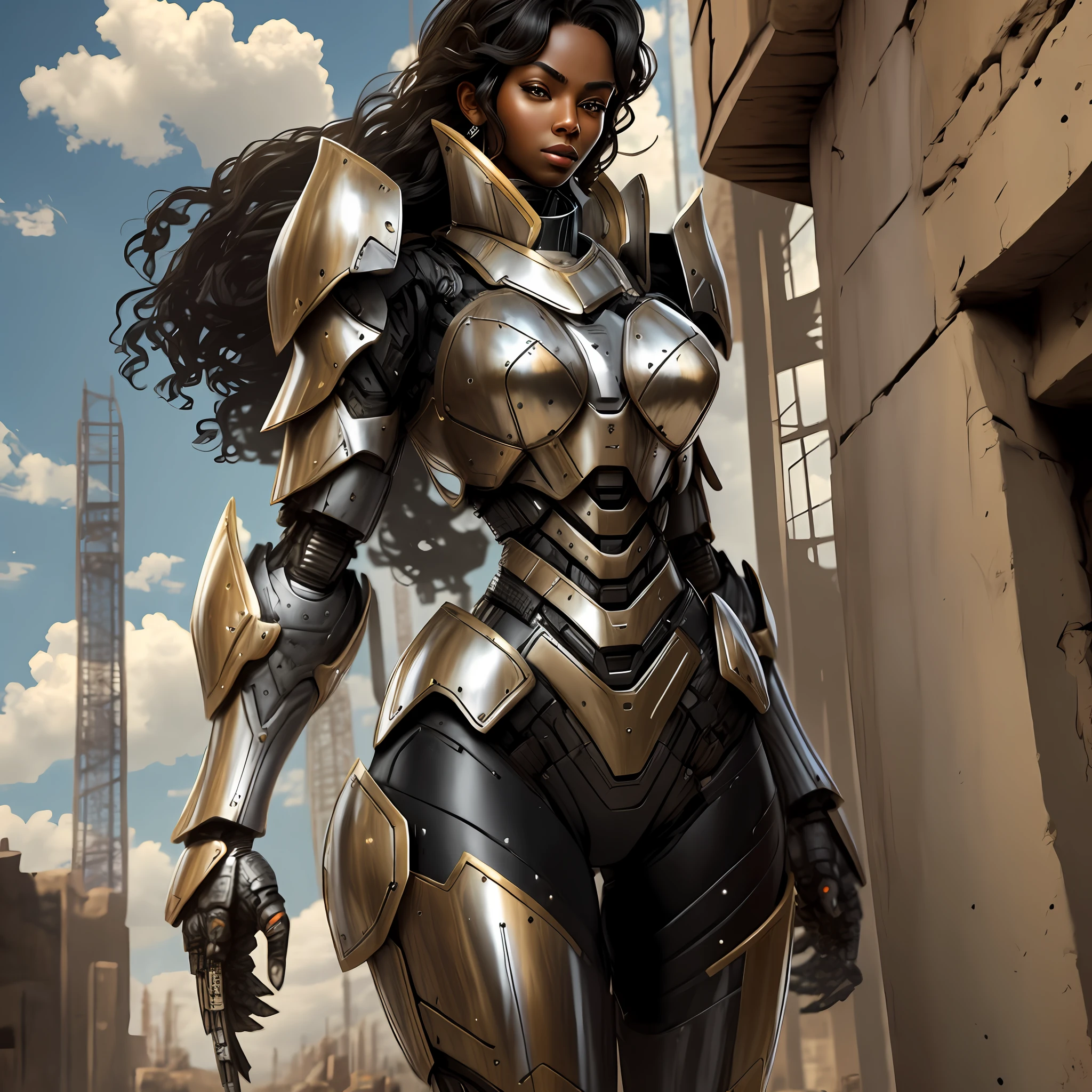 Beautiful tall woman with robotic armor with super realistic and well detailed black hair