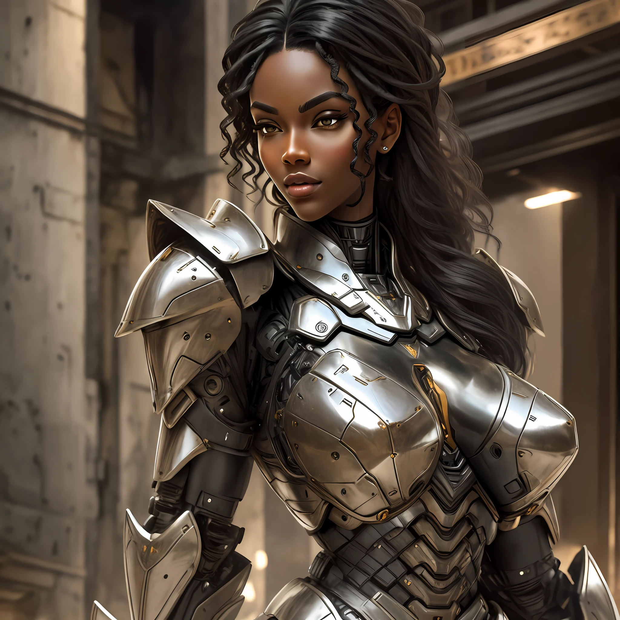 Beautiful tall woman with robotic armor with super realistic and well detailed black hair