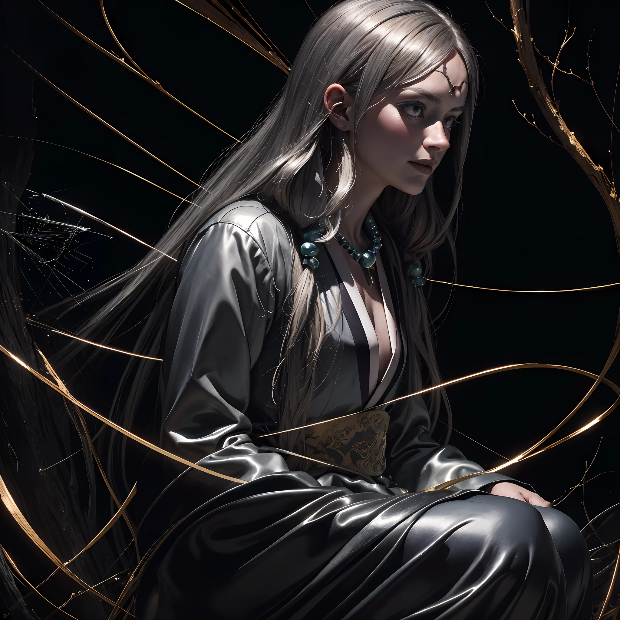 Masterpiece, best quality, MTSpider V4, (((ung innocent boy)), HDR, very detailed eyes and face, goth, solo, white skin, long hair, beads, japanese clothes, white kimono, silk, stone, forest, northern lights, spider silk, (glowing metal objects hovering in the air and encircling him: 1.2), (arcs and sparks: 1.2), (energy flow: 1.2), (translucent magnetic field lines: 1.2), (gold, silver gray and shimmering light effects: 1.2), horror art, fear, unified 8k wallpapers, ultra-detailed, beautiful and aesthetic, masterpiece, the best quality, deep and rich black shadows, mother earth, smiles, enchanting whimsical fantasy forest background, happiness, enchanting atmosphere, very detailed, dynamic angles, cowboyshot, most beautiful chaotic forms, elegance, fauvist design, bright colors, romanticism, by James Jean, Robbie Devi Antonio, Ross Tran, Francis Bacon, Michal Mlaz, Adrian Ganey, Petra Corright, Gerhard Richter, Takashi Yamamoto, Ashley Wood, Atmospheric