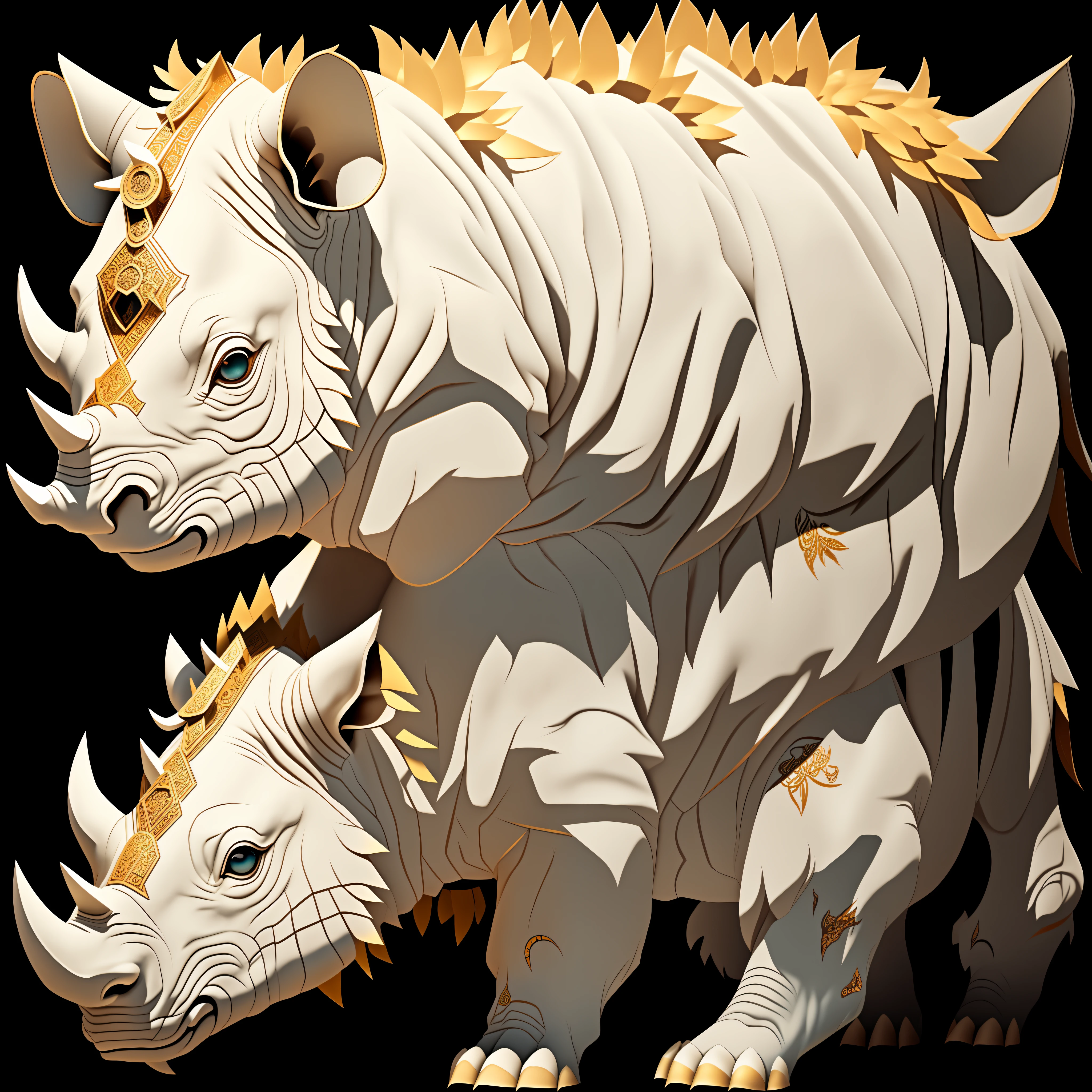 Close-up of an ancient Chinese adult white rhinoceros, the main body is a rhinoceros, mural, fierce expression, Asura in Chinese mythology, ancient Chinese art style, Wen Boren, golden splendor, white Chinese rhinoceros fantasy, mythical creatures, Chinese white rhino concept art, ancient Chinese gorgeous, Chinese mythology, ink flowers, inspired by Puhua, an ancient creature, qigong, single close-up, with body, Qing dynasty painting, traditional painting, intricate detail painting, the best quality, masterpiece, very delicate and beautiful