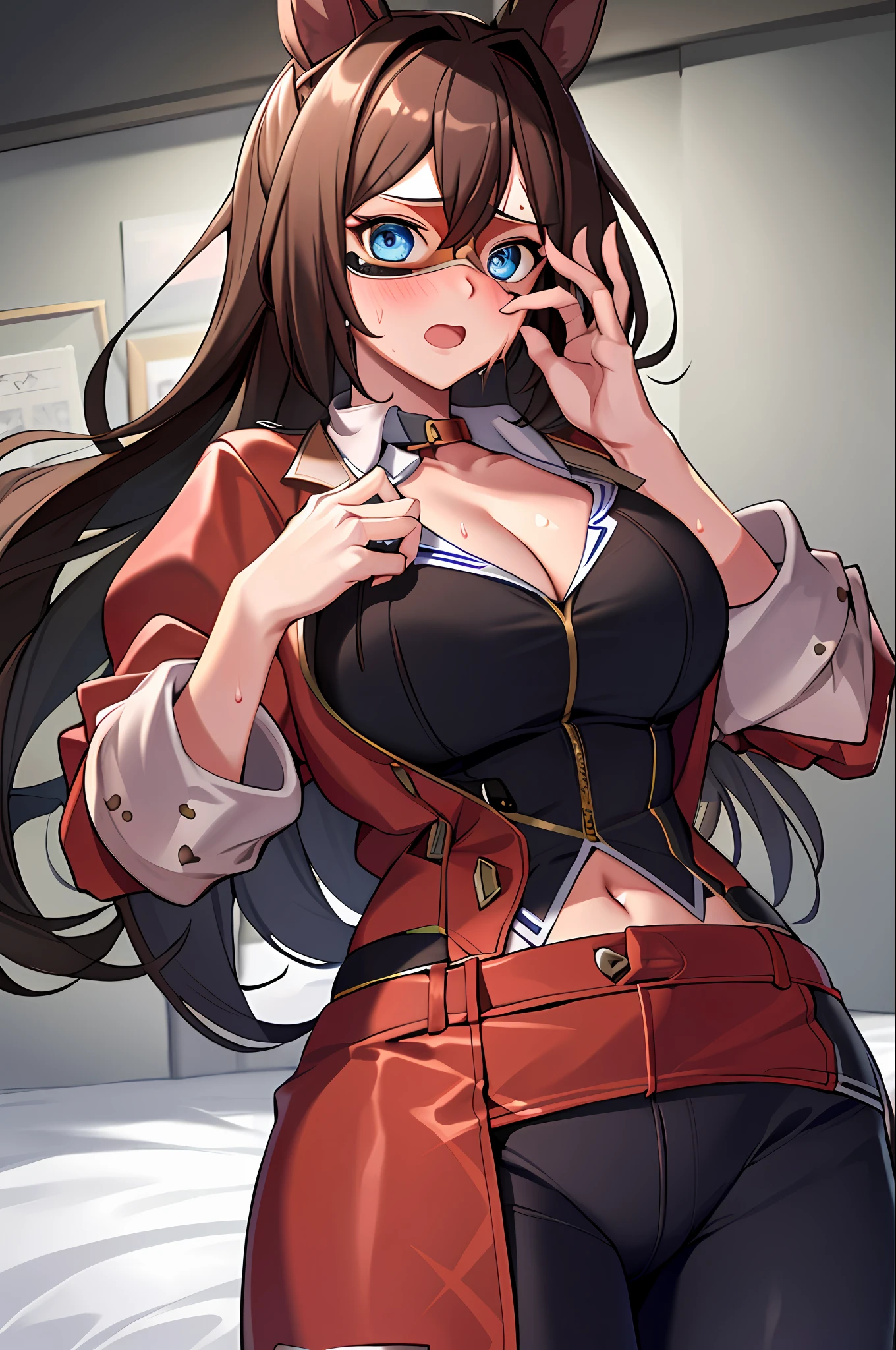 Masterpiece, 1 girl, solo, light smile, big, lower breasts, cleavage, heart pupils, opening, long hair, super long hair, One girl, crotch, big, navel, nude, (masterpiece, top quality), horizontal lightning, fine and beautiful eyes, angry face, madness, open mouth, scream, rough face, blush, sweat, mask, 1 girl, big, indoors, bedroom, hands on chest, mask, big, whiplash, Fighting Pose, Mask