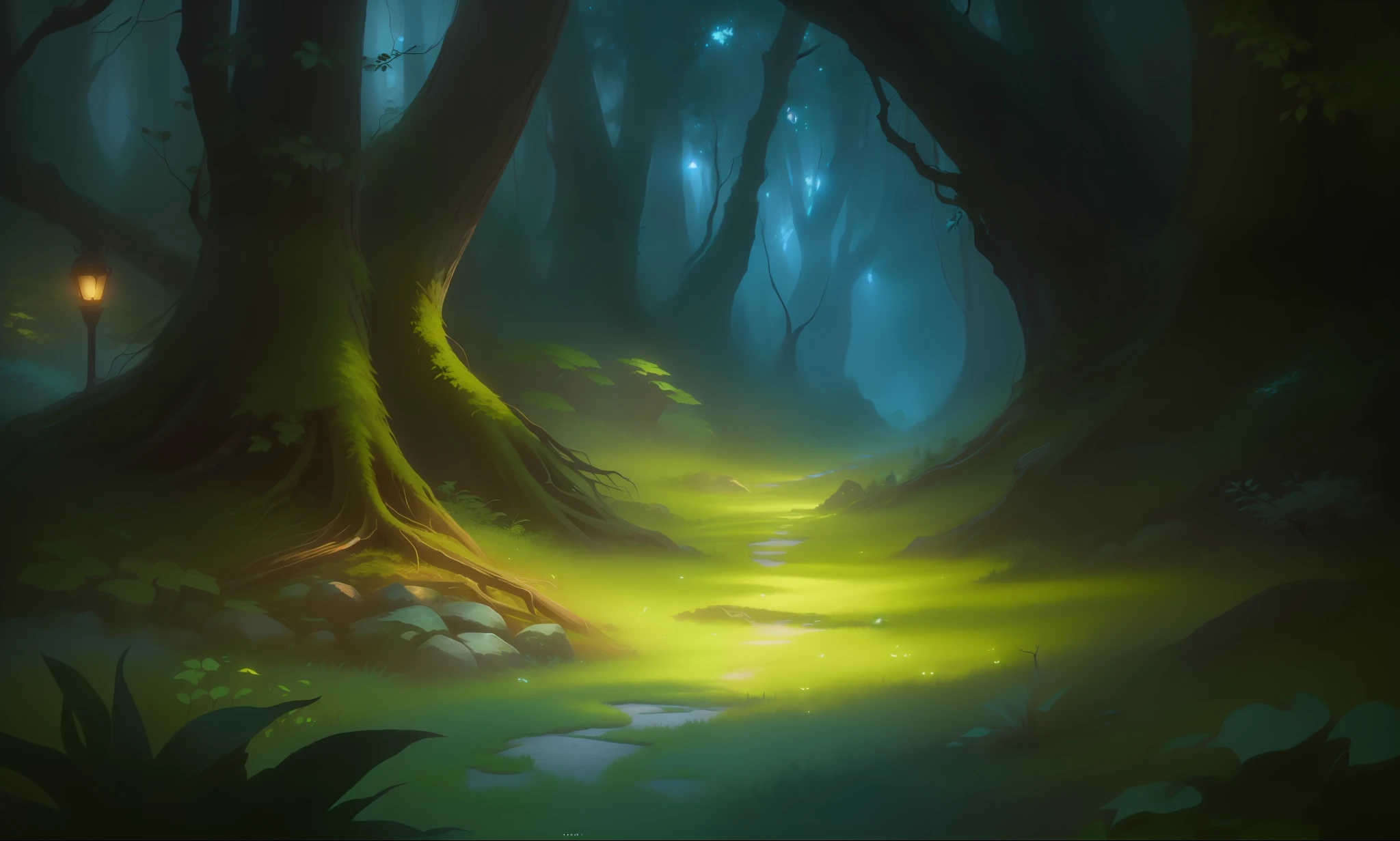 digital painting of a forest with a bright light,oil painting coming through the trees, magic clearing, backround magic forest, elf forest background, background art, sylvan glade, painted as a game concept art, magical environment, forest outside, anime lush john 8k woods, forest environment, magic forest, magic forest in the background, enchanted forest and magic,  Cleanup forest