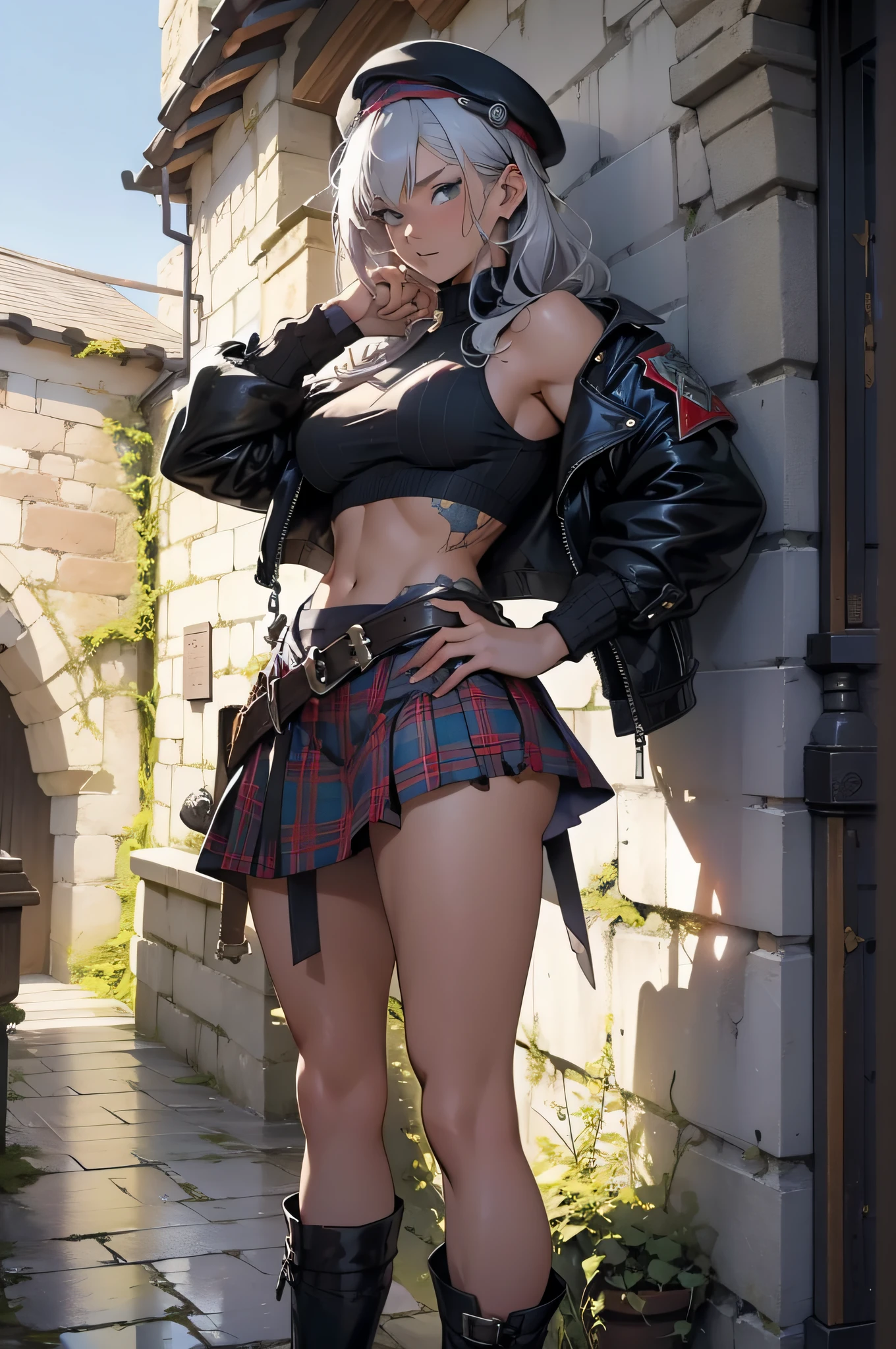 ((Simon Bisley)), Beautiful full-bodied woman, 30 years old, muscular and perfect body, Scottish warrior, with plaid mini-skirt, Scottish beret, with little clothing, tiny thong, large breasts, generous neckline, holding a giant, dirty and torn sword, fantastic art clothes, hair fulfilled or short, brave face, dark kingdom, sexy pose, in a medieval Scottish castle courtyard