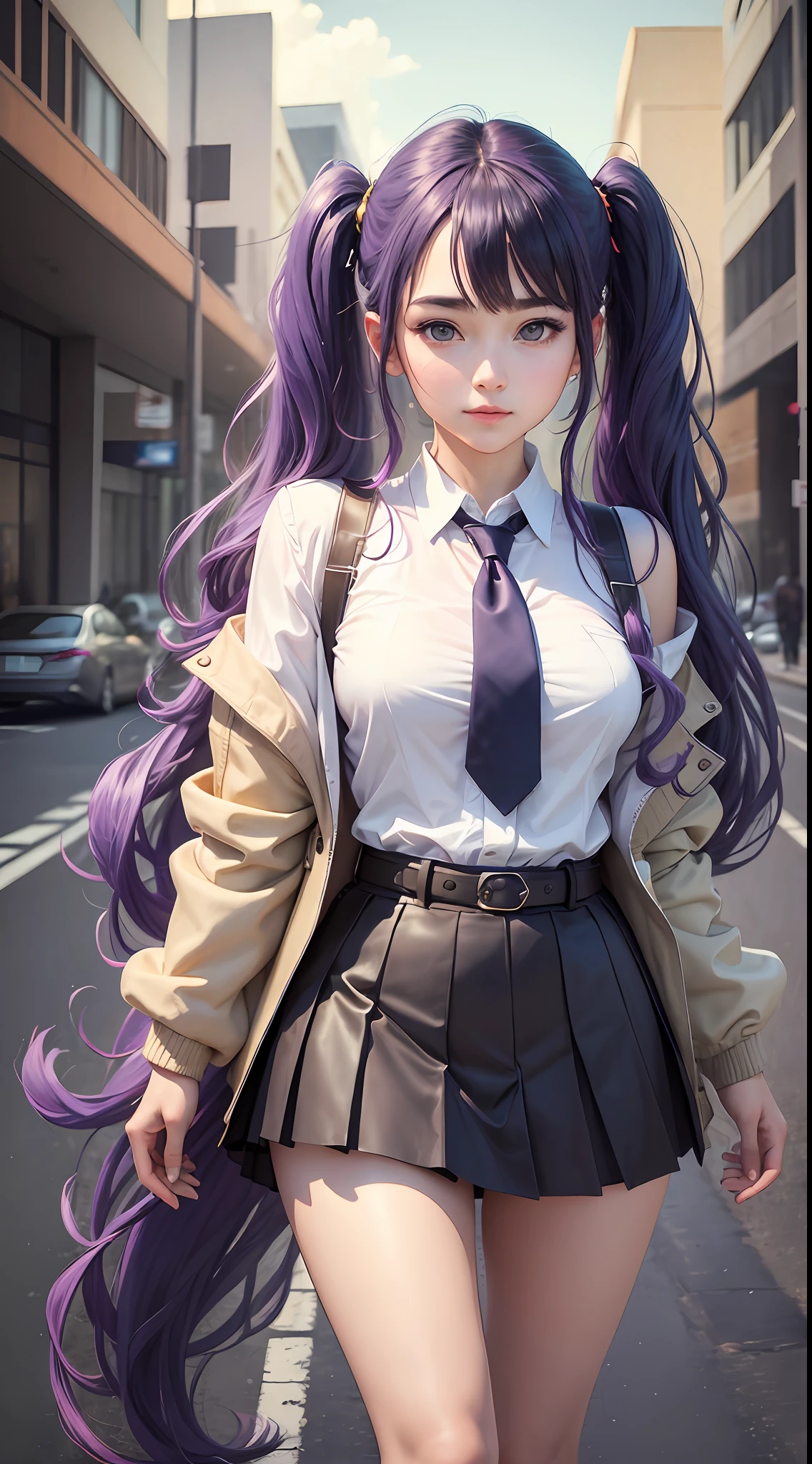 best quality ,(masterpiece:1.4), very delicate and beautiful, very detailed, CG, unity, 8k wallpaper, Amazing, finely detail, best quality, official art, extremely detailed CG unity 8k wallpaper,absurdres, incredibly absurdres, huge filesize, super detailed, high resolution, very detailed, beautiful detailed girl, very detailed face, beautiful detailed eyes, light on face, looking at the audience, close your mouth, light smile, (realistic, realistic:1.37), super detailed, (realism: 1.4), (full body: 1.2), 1girl, single bangs, belt, black jacket, black skirt, blue tie, blush, chest, collared shirt, formal wear, halo, ID card, jacket, Long hair, long sleeves, mid-chest, multicolored jacket, tie, off-the-shoulder, cardigan, open coat, split bangs, pleated skirt, purple eyes, purple hair, shirt, simple background, skirt, light smile, shut up, suit, sides up, white belt, white jacket, white shirt, yuuka \(blue archive\), masterpiece, highres, (best quality:1.2), twintails, long hair, aged down, thighs, office,