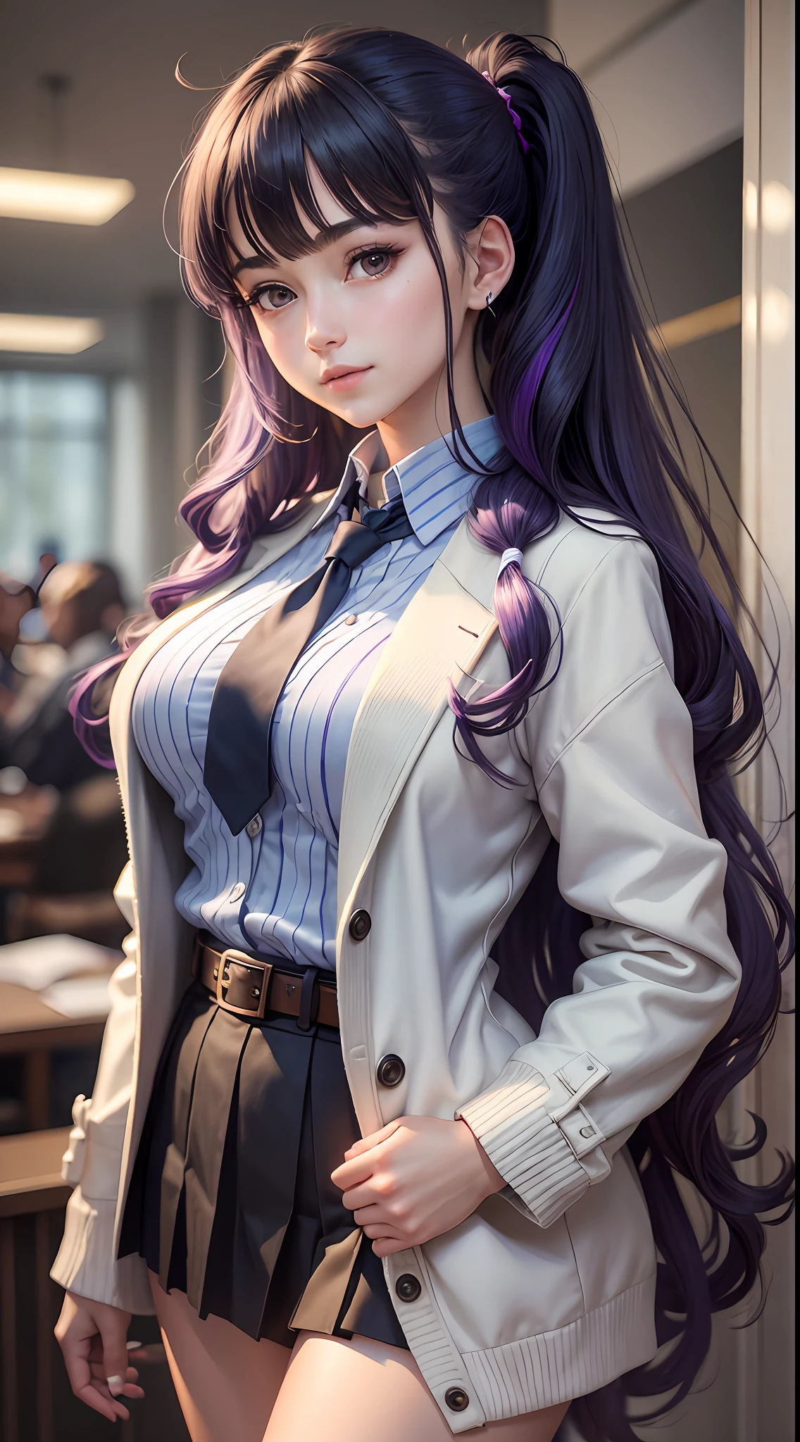 best quality ,(masterpiece:1.4), very delicate and beautiful, very detailed, CG, unity, 8k wallpaper, Amazing, finely detail, best quality, official art, extremely detailed CG unity 8k wallpaper,absurdres, incredibly absurdres, huge filesize, super detailed, high resolution, very detailed, beautiful detailed girl, very detailed face, beautiful detailed eyes, light on face, looking at the audience, close your mouth, light smile, (realistic, realistic:1.37), super detailed, (realism: 1.4), (full body: 1.2), 1girl, single bangs, belt, black jacket, black skirt, blue tie, blush, chest, collared shirt, formal wear, halo, ID card, jacket, Long hair, long sleeves, mid-chest, multicolored jacket, tie, off-the-shoulder, cardigan, open coat, split bangs, pleated skirt, purple eyes, purple hair, shirt, simple background, skirt, light smile, shut up, suit, sides up, white belt, white jacket, white shirt, yuuka \(blue archive\), masterpiece, highres, (best quality:1.2), twintails, long hair, aged down, thighs, office,