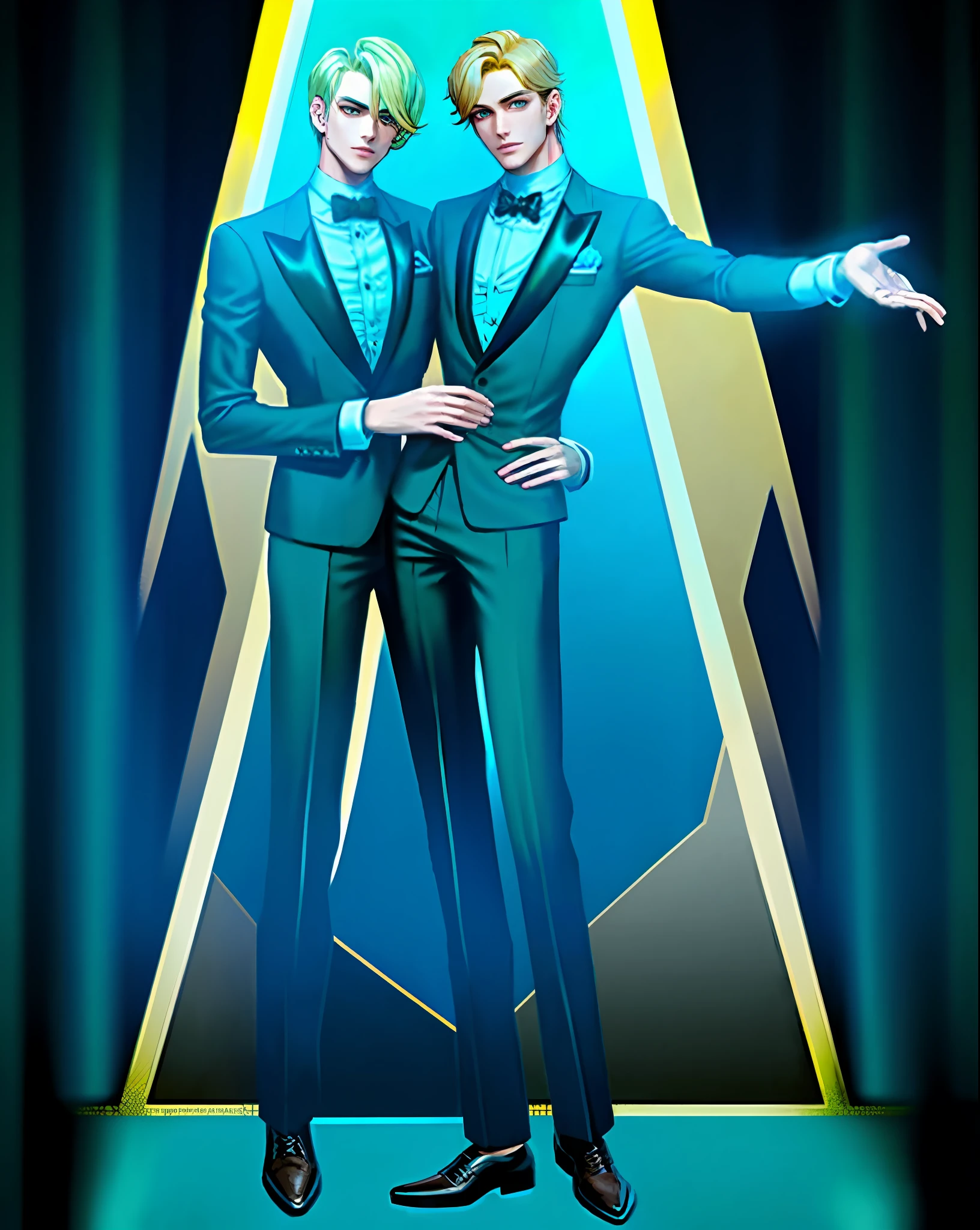 1boy, (man), 2heads, conjoined, heads side by side, no more than 2 arms, manly body, anime, extremely detailed, hyper detailed, (broad shoulders), (PERFECT FACE), illustration, soft lighting, 2d, intricate, cowboy shot, detailed eyes, blonde hair, short hair, teal eyes, sexy, toned, tuxedo, skirt, (outside), casino, full body