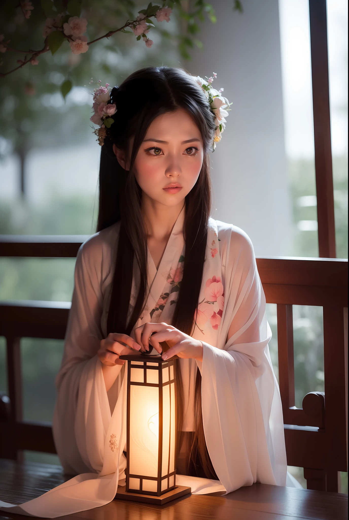 there is a woman holding a lantern in her hand near a bush, artwork in the style of guweiz, ethereal beauty, beautiful soft lighting, guweiz, palace ， a girl in hanfu, 🌺 cgsociety, portrait soft low light, soft ethereal lighting, loish and wlop, anime. soft lighting, gorgeous soft lighting, girl under lantern