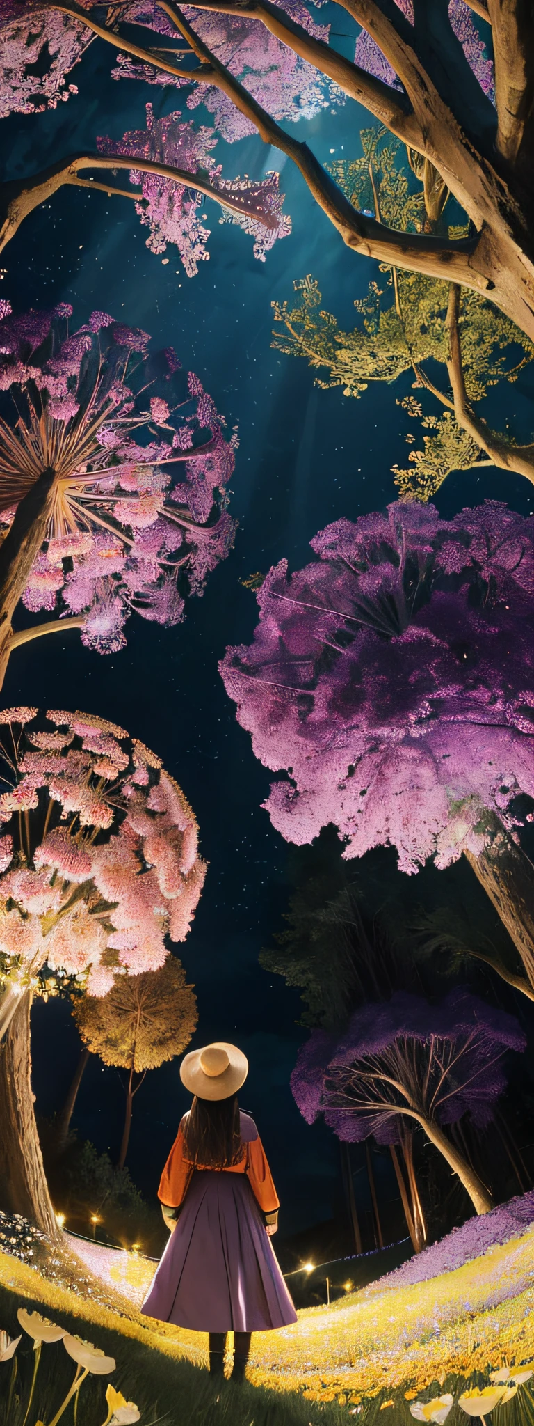 expansive landscape photograph , (a view from the top that shows the garden of flowers, dandelions), a girl standing on flower field looking up holding her hat, (daylight:1.2), ( haze:0.4), tree BREAK
production art, (warm light source:1.2), lamp, lot of purple and orange, intricate details, volumetric lighting, realism BREAK
(masterpiece:1.2), (best quality), 4k, ultra-detailed, (dynamic composition:1.4), highly detailed, colorful details,( iridescent colors:1.2), (glowing lighting, atmospheric lighting), dreamy, magical, (solo:1.2)