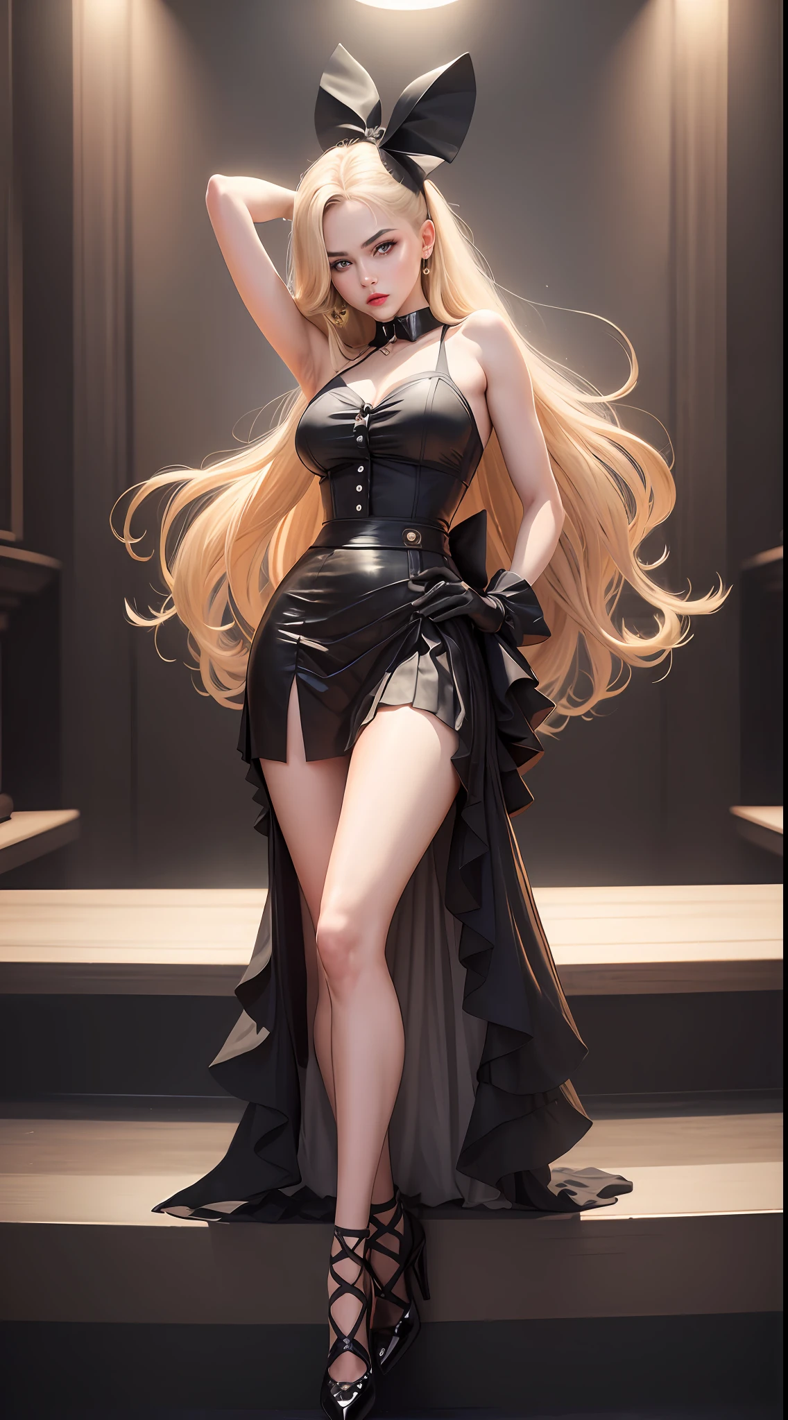 (8K, 4K, Best Quality, Highres, Ultra High Res:1.1), (Masterpiece, Realistic, Photo-Realistic:1.1), 1girl, Face, Close-Up, blonde hair, Black Eyes, Red Lips, (Looking in audience: 2), (Full body: 1.2), Absurd hair, long eyelashes, eye shadow, small face, big eyes, fashion, (collar shirt: 1.1), bow tie, pleated skirt, medium hair, full body shot, bare shoulders, high contrast, full body proportions, straddling, stretched legs, slender legs, black stockings, full body, (face details: 1.2), masterpiece,