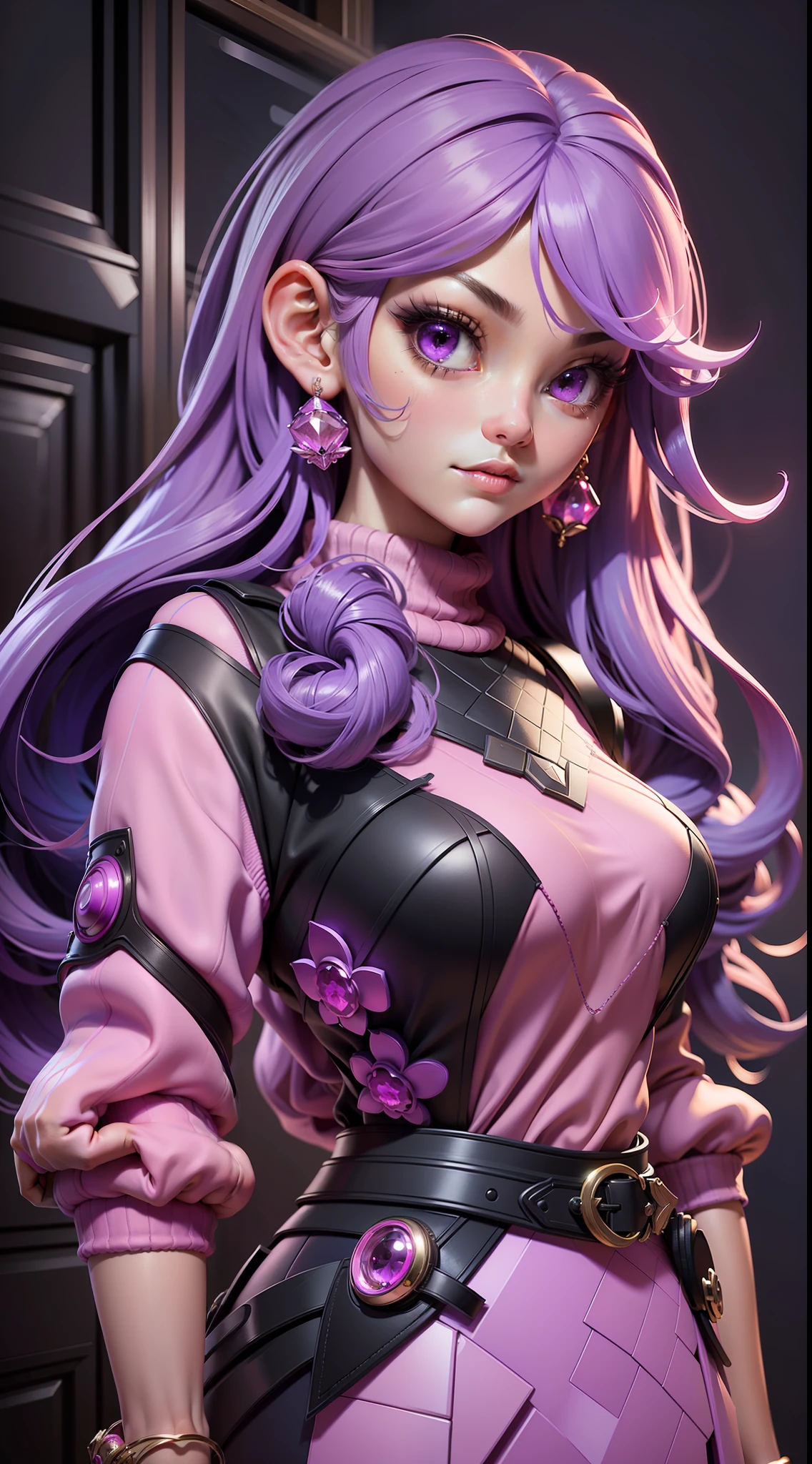3dmm style,(masterpiece, top quality, best quality, official art, beautiful and aesthetic:1.2), (fractal art:1.3), 1girl, beautiful, high detailed, purple hair with a hint of pink, pink eyes, dark lighting, serious face, looking the sky, sky, medium shot, black sweater, jewelry