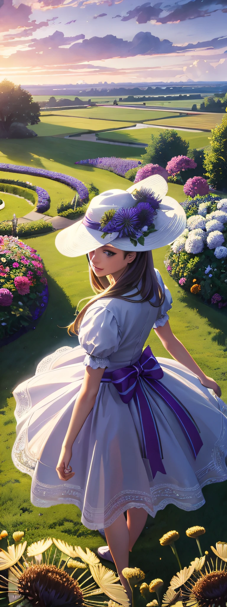 expansive landscape photograph , (a view from the top that shows the garden of flowers, dandelions), a girl standing on flower field looking up holding her hat, (daylight:1.2), ( haze:0.4), tree BREAK
production art, (warm light source:1.2), lamp, lot of purple and orange, intricate details, volumetric lighting, realism BREAK
(masterpiece:1.2), (best quality), 4k, ultra-detailed, (dynamic composition:1.4), highly detailed, colorful details,( iridescent colors:1.2), (glowing lighting, atmospheric lighting), dreamy, magical, (solo:1.2)