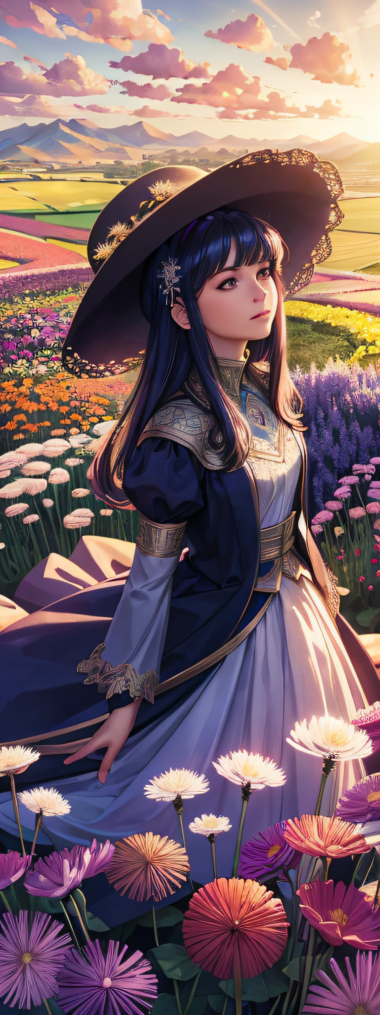 expansive landscape photograph , (a view from the top that shows the garden of flowers, dandelions), a girl standing on flower field looking up holding her hat, (daylight:1.2), ( haze:0.4), tree BREAK
production art, (warm light source:1.2), lamp, lot of purple and orange, intricate details, volumetric lighting, realism BREAK
(masterpiece:1.2), (best quality), 4k, ultra-detailed, (dynamic composition:1.4), highly detailed, colorful details,( iridescent colors:1.2), (glowing lighting, atmospheric lighting), dreamy, magical, (solo:1.2)