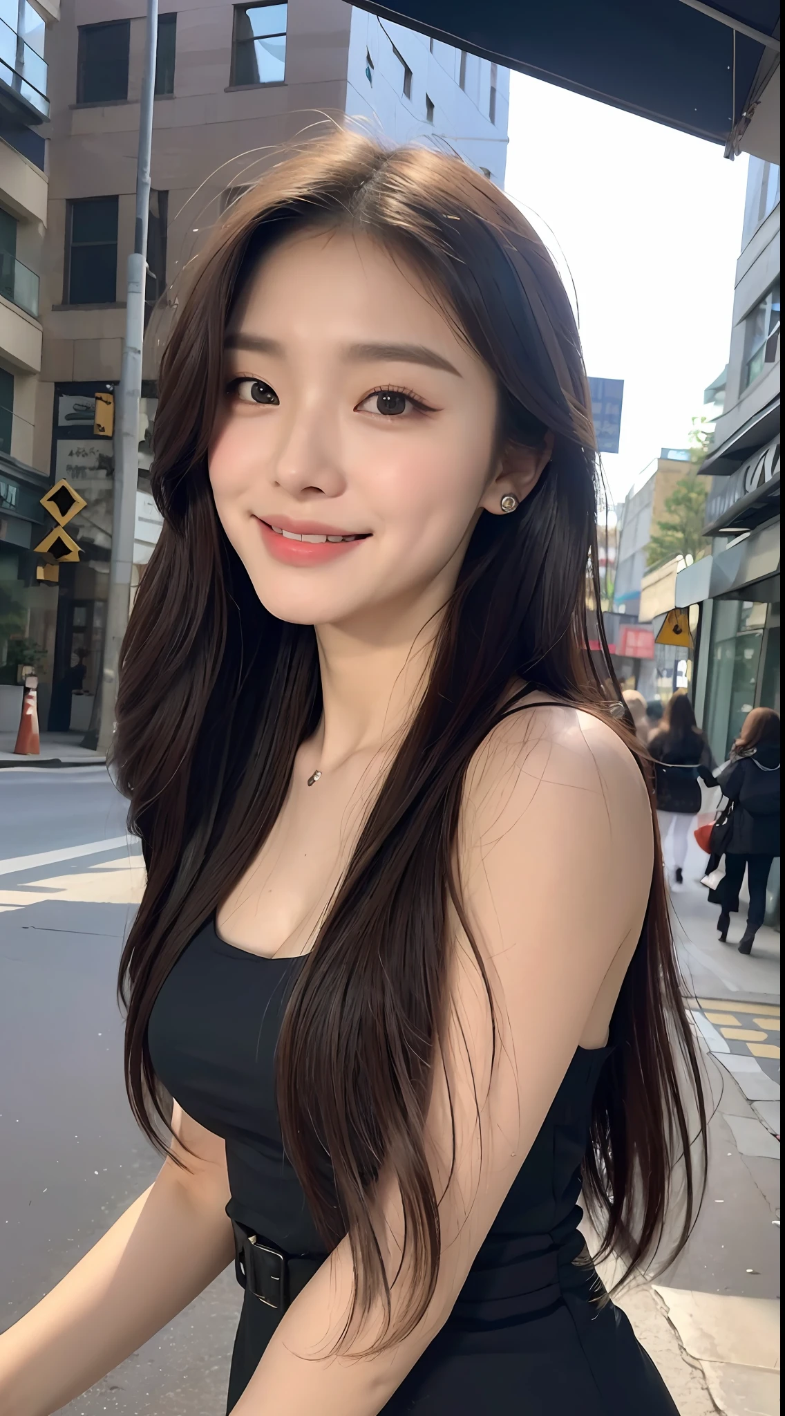 (1 cute Korean star), ((best quality, 8k, masterpiece: 1.3)), focus: 1.2, perfect body beauty: 1.4 , (smile), (night, street: 1.3), highly detailed face and skin texture, fine eyes, double eyelids, whitened skin, (big wave hairstyle: 1.3), (round face: 1.5), (dress: 1.4),