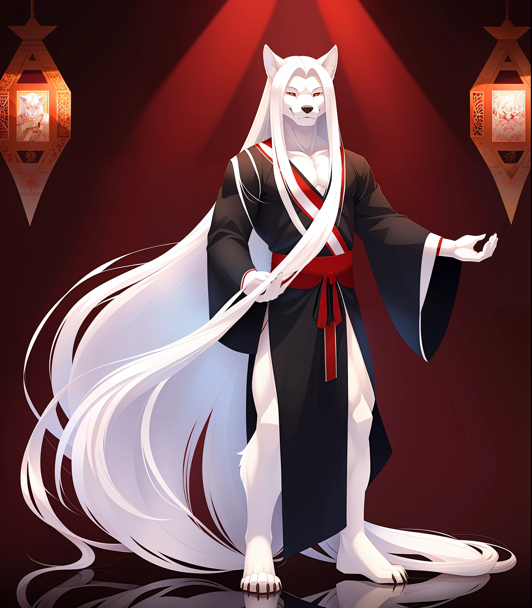 award winning, masterpiece, in heaven, male, 1male, solo, solo focus, anthro, wolf, standing, fullbody, slightly muscular, wearing fancy black kimono with red spider lilies trimming the sleeves and bottom, albino, white fur, white hair, straight hair, very long hair, knee length hair, albino eyes, smile