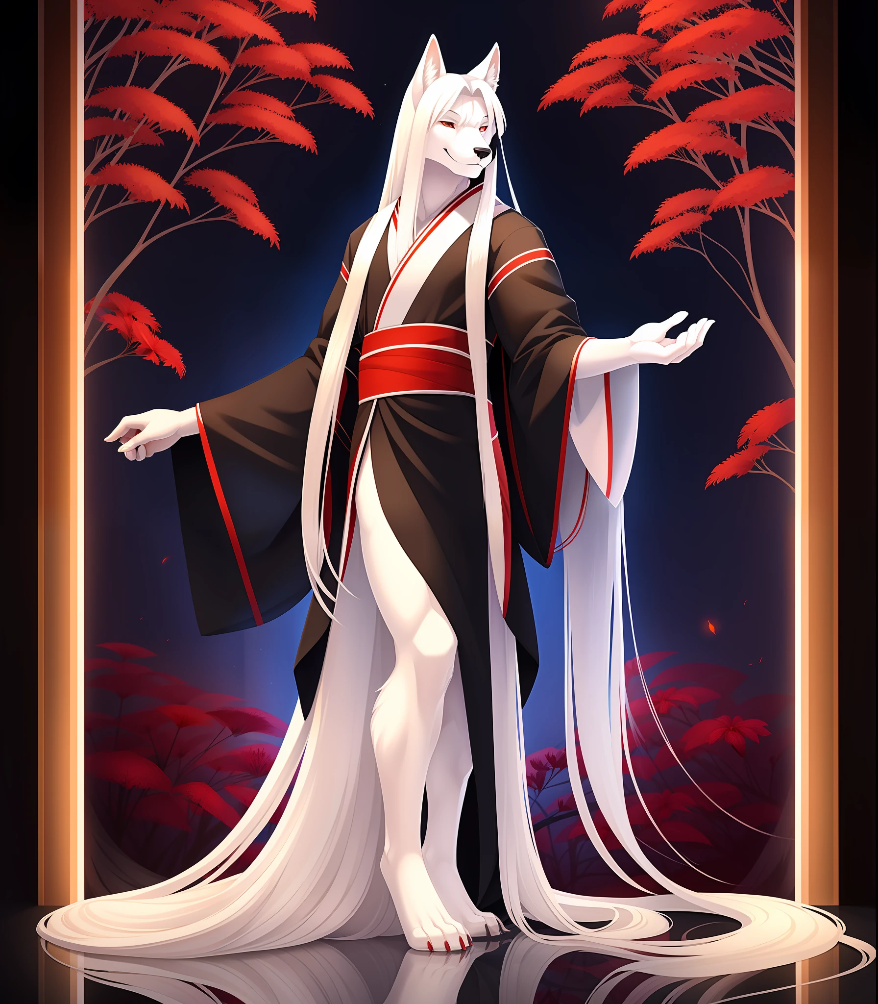 award winning, masterpiece, in heaven, male, 1male, solo, solo focus, anthro, wolf, standing, fullbody, slightly muscular, wearing fancy black kimono with red spider lilies trimming the sleeves and bottom, albino, white fur, white hair, straight hair, very long hair, knee length hair, albino eyes, smile