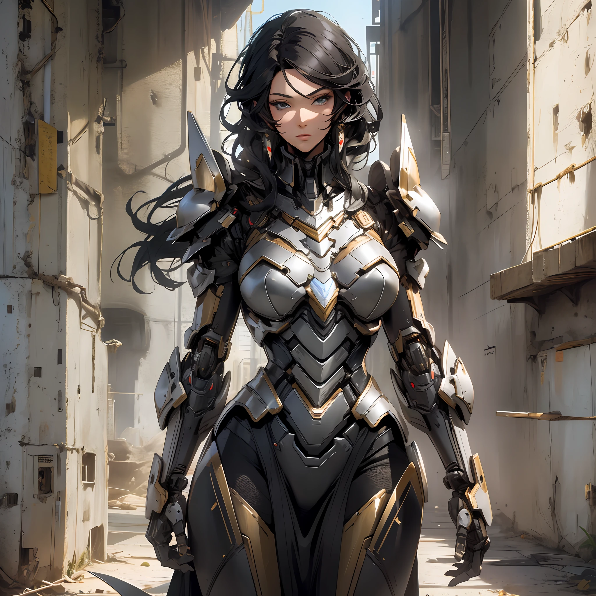 Beautiful tall woman with robotic armor with super realistic and well detailed black hair