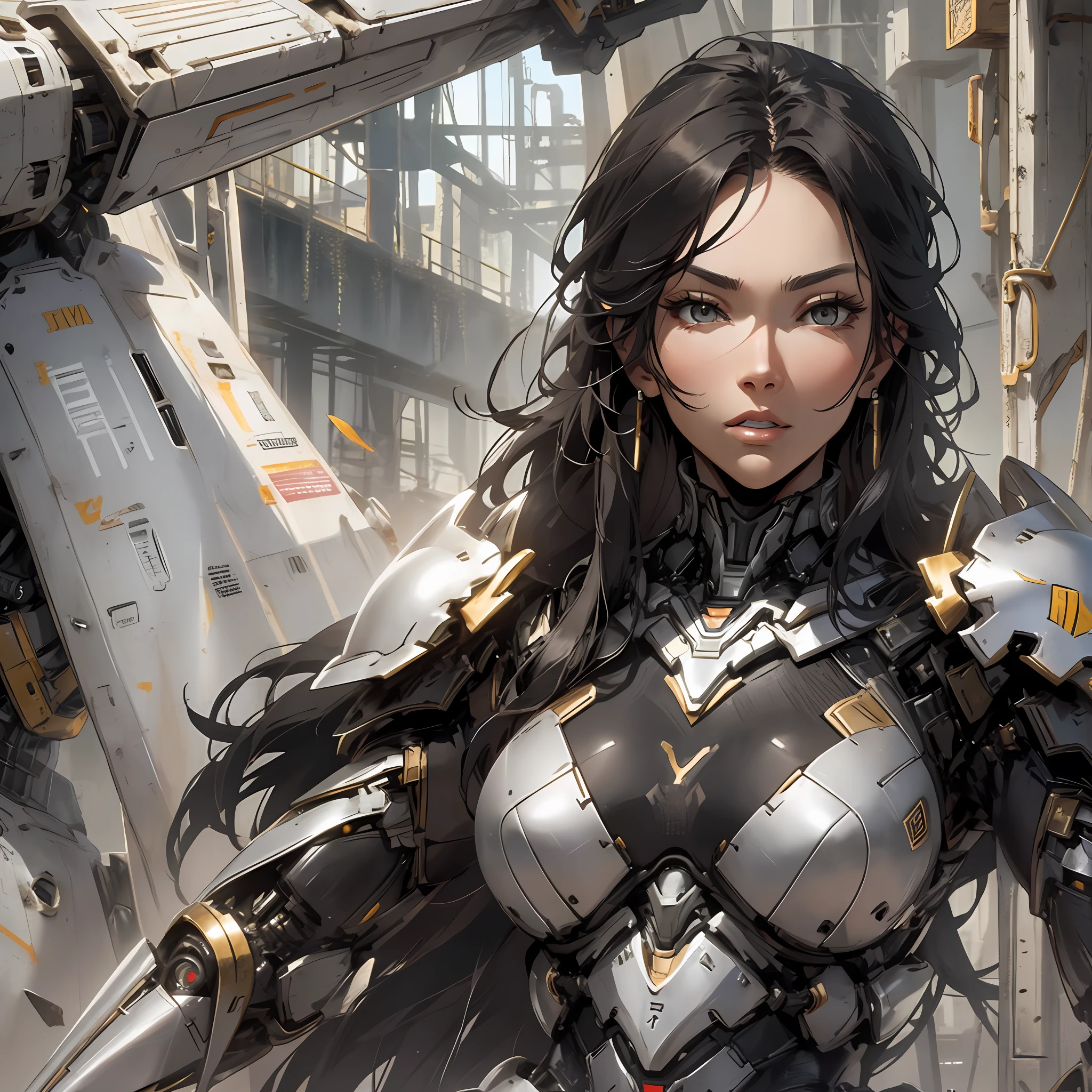 Beautiful tall woman with robotic armor with super realistic and well detailed black hair