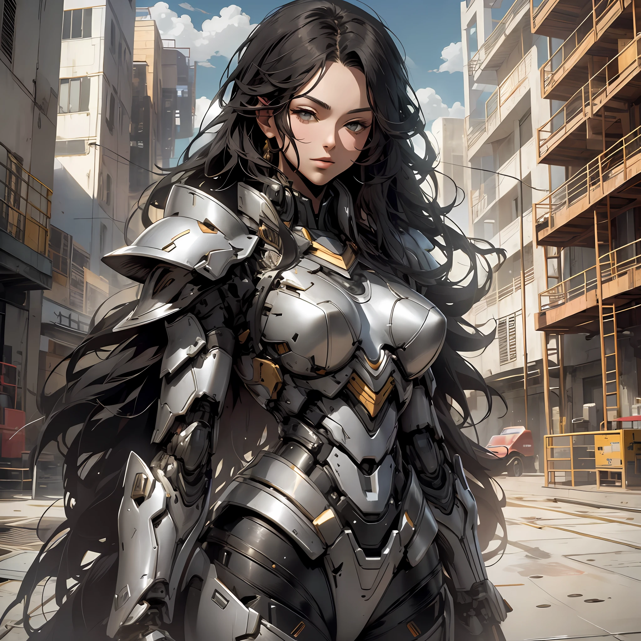 Beautiful tall woman with robotic armor with super realistic and well detailed black hair