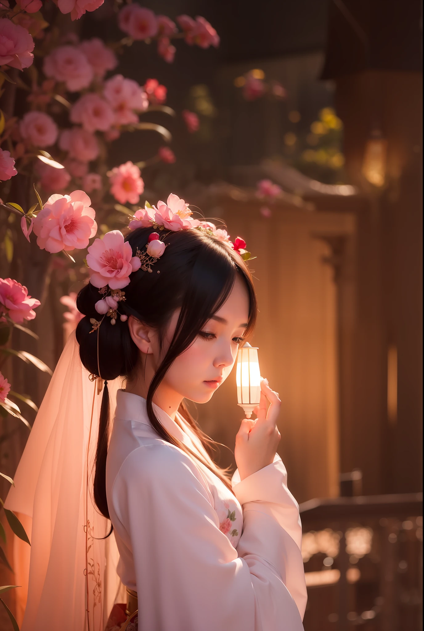 there is a woman holding a lantern in her hand near a bush, artwork in the style of guweiz, ethereal beauty, beautiful soft lighting, guweiz, palace , a girl in hanfu, 🌺 cgsociety, portrait soft low light, soft ethereal lighting, loish and wlop, anime. soft lighting, gorgeous soft lighting, girl under lantern