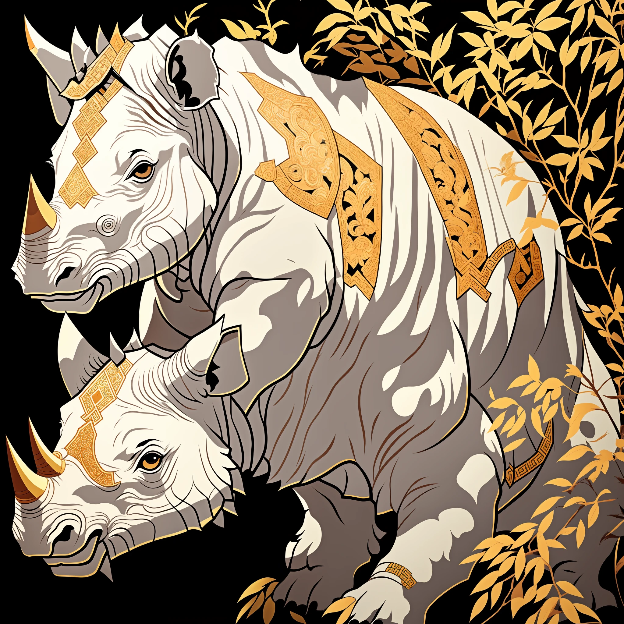 Close-up of an ancient Chinese adult white rhinoceros, the main body is a rhinoceros, mural, fierce expression, Asura in Chinese mythology, ancient Chinese art style, Wen Boren, golden splendor, white Chinese rhinoceros fantasy, mythical creatures, Chinese white rhino concept art, ancient Chinese gorgeous, Chinese mythology, ink flowers, inspired by Puhua, an ancient creature, qigong, single close-up, with body, Qing dynasty painting, traditional painting, intricate detail painting, the best quality, masterpiece, very delicate and beautiful