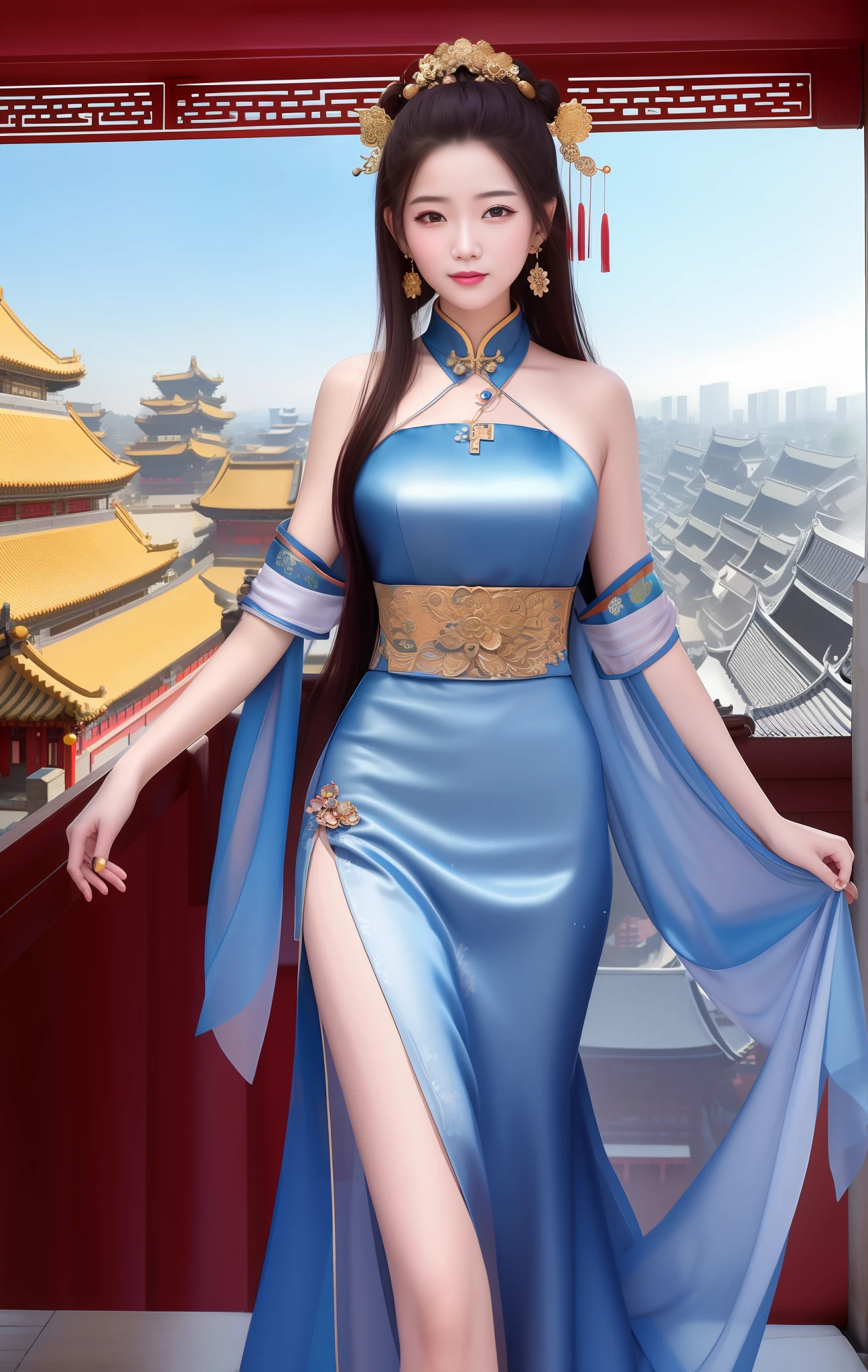 best quality, masterpiece, highres, 1girl,china dress,Beautiful face,
hair ornament, solo,looking at viewer,smile,closed mouth,lips,
china dress,dress,hair ornament, necklace, jewelry, long hair, earrings, chinese clothes,
architecture,east asian architecture,building,outdoors,rooftop,city,cityscape