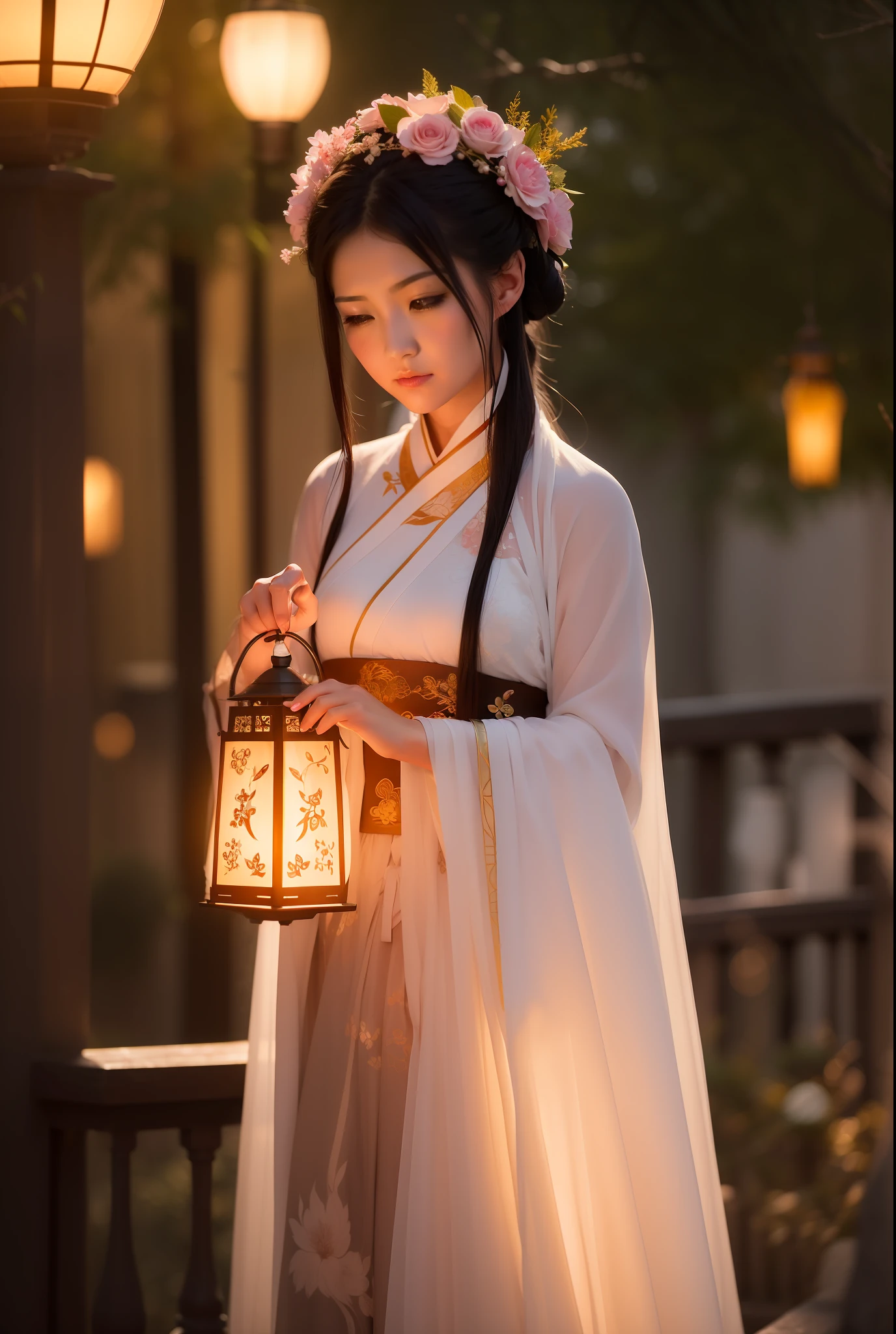 there is a woman holding a lantern in her hand near a bush, artwork in the style of guweiz, ethereal beauty, beautiful soft lighting, guweiz, palace , a girl in hanfu, 🌺 cgsociety, portrait soft low light, soft ethereal lighting, loish and wlop, anime. soft lighting, gorgeous soft lighting, girl under lantern