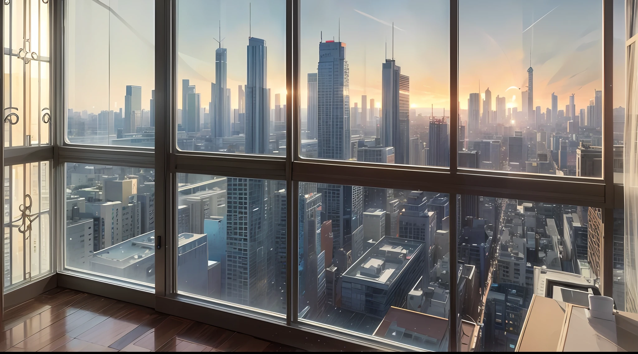 In a hall, there is a huge glass window, from the window, you can see the beautiful view of the city, and the corresponding building also shows a lot of real-time data, such as the name of the building, height, etc., realistic photo style --auto --s2