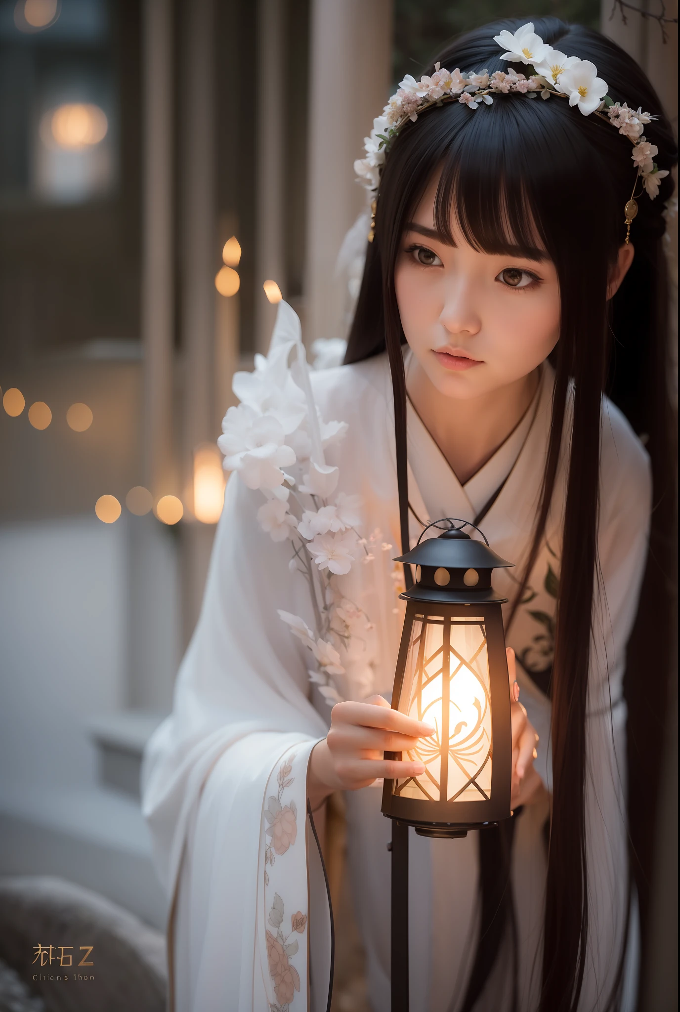 there is a woman holding a lantern in her hand near a bush, artwork in the style of guweiz, ethereal beauty, beautiful soft lighting, guweiz, palace , a girl in hanfu, 🌺 cgsociety, portrait soft low light, soft ethereal lighting, loish and wlop, anime. soft lighting, gorgeous soft lighting, girl under lantern