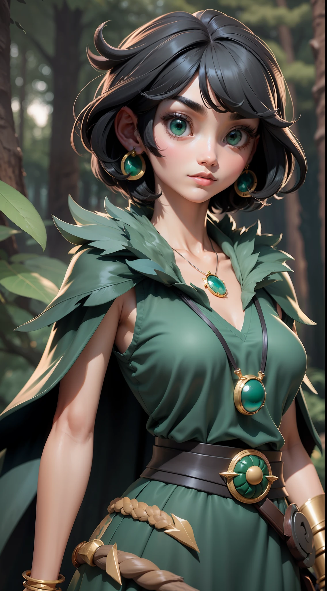 mj3d style,3dmm,3d,(masterpiece, best quality:1.1), ghibli style, san \(mononoke hime\), 1girl, armlet, bangs, black hair, black undershirt, breasts, cape, circlet, earrings, facepaint, floating hair, forest, fur cape, green eyes, jewelry, looking at viewer, medium breasts, nature, necklace, outdoors, parted bangs, shirt, short hair, sleeveless, sleeveless shirt, solo, tooth necklace, tree, upper body, white shirt