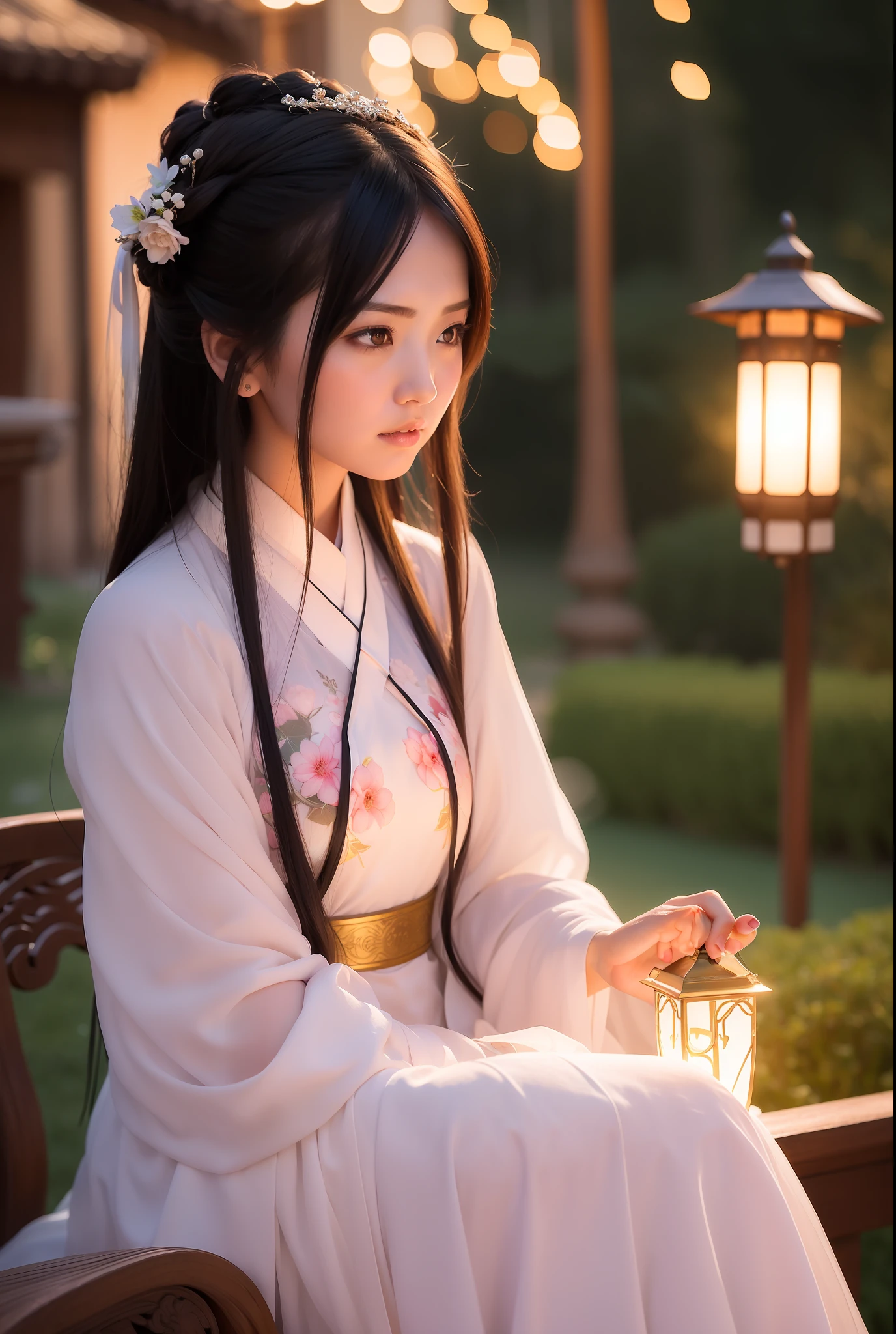 there is a woman holding a lantern in her hand near a bush, artwork in the style of guweiz, ethereal beauty, beautiful soft lighting, guweiz, palace ， a girl in hanfu, 🌺 cgsociety, portrait soft low light, soft ethereal lighting, loish and wlop, anime. soft lighting, gorgeous soft lighting, girl under lantern