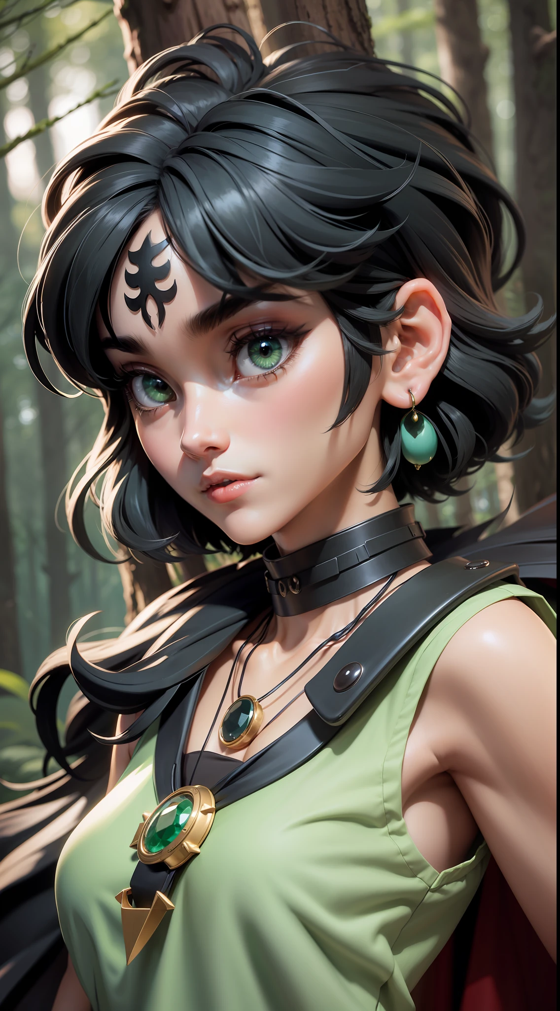 mj3d style,3dmm,3d,(masterpiece, best quality:1.1), ghibli style, san \(mononoke hime\), 1girl, armlet, bangs, black hair, black undershirt, breasts, cape, circlet, earrings, facepaint, floating hair, forest, fur cape, green eyes, jewelry, looking at viewer, medium breasts, nature, necklace, outdoors, parted bangs, shirt, short hair, sleeveless, sleeveless shirt, solo, tooth necklace, tree, upper body, white shirt