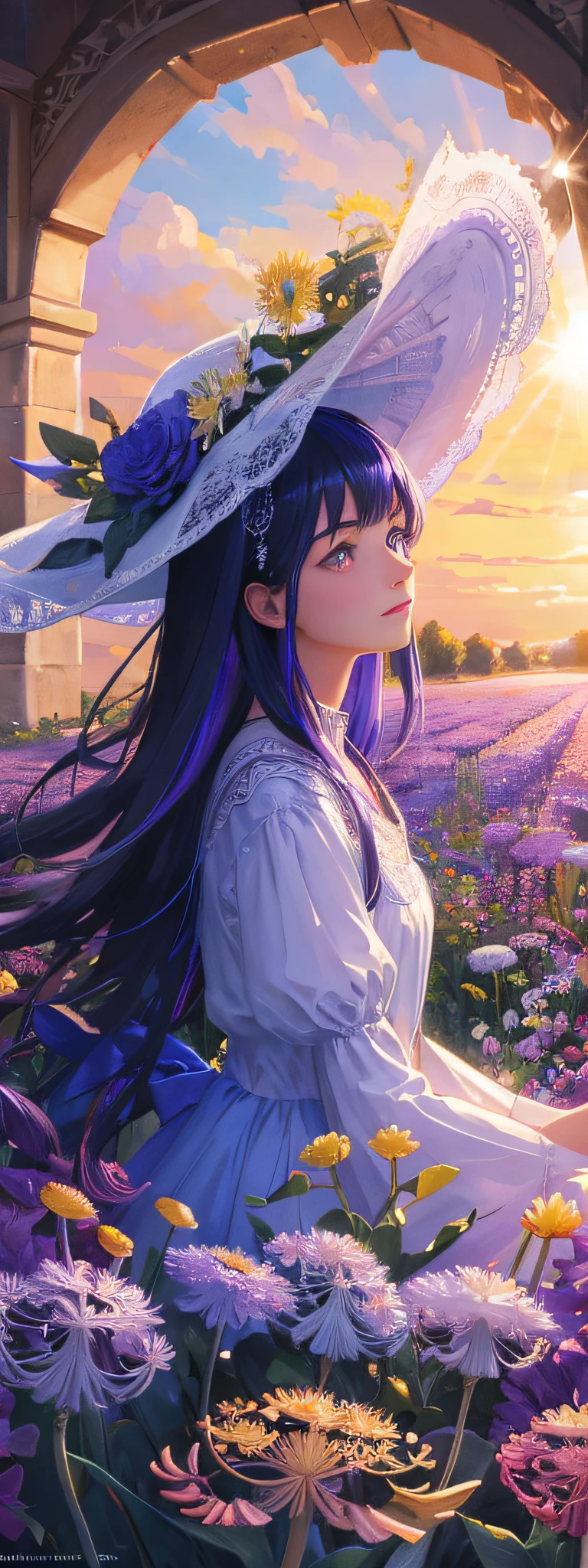 expansive landscape photograph , (a view from the top that shows the garden of flowers, dandelions), a girl standing on flower field looking up holding her hat, (daylight:1.2), ( haze:0.4), tree BREAK
production art, (warm light source:1.2), lamp, lot of purple and orange, intricate details, volumetric lighting, realism BREAK
(masterpiece:1.2), (best quality), 4k, ultra-detailed, (dynamic composition:1.4), highly detailed, colorful details,( iridescent colors:1.2), (glowing lighting, atmospheric lighting), dreamy, magical, (solo:1.2)