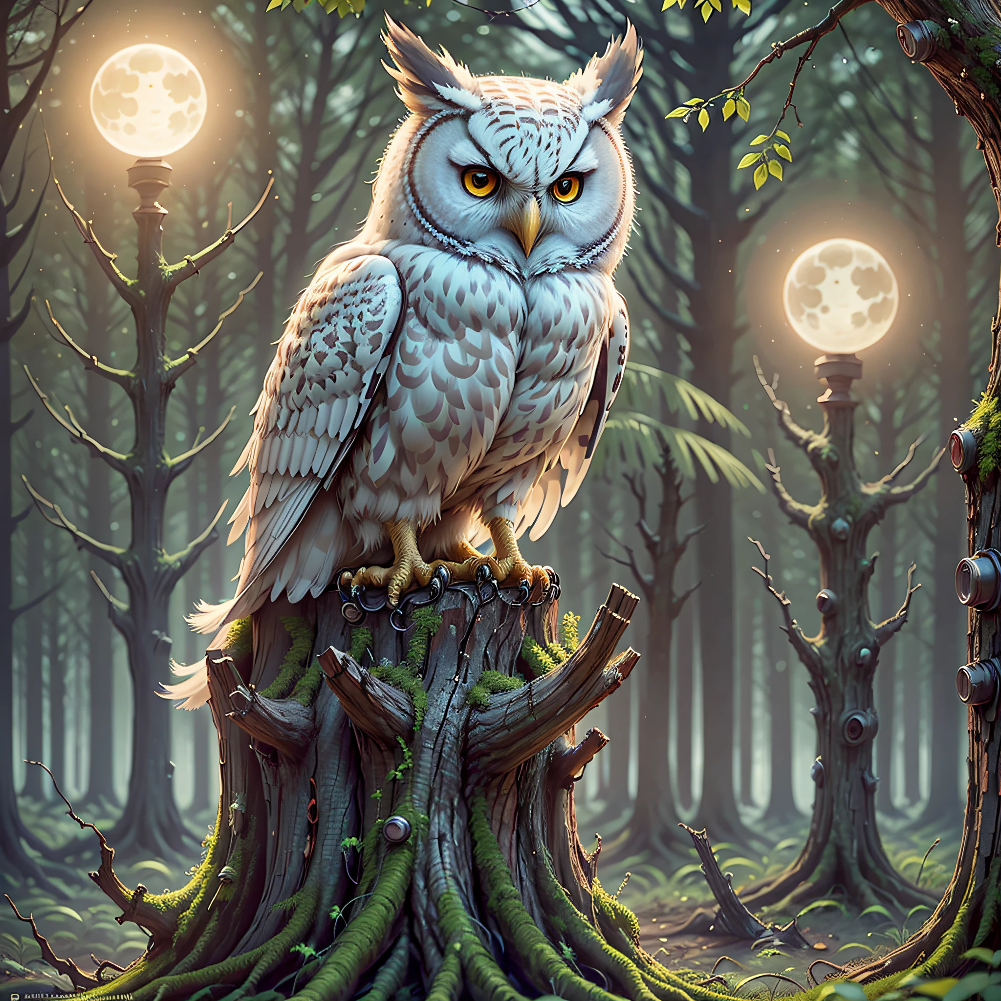 White owl on top of a tree stump in a forest, movie set, depth of field, at night, full moonlight, hyperrealistic --auto --s2