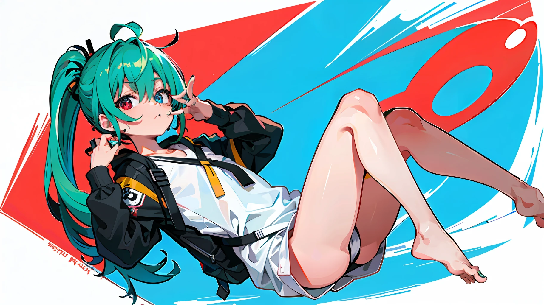 (8k, best quality, masterpiece: 1, 2), top quality, masterpiece, underwear without panties, glasses, green hair, long hair, bangs, big ponytail, heterochromia, blue pupil of left eye, red pupil of right eye, blue pupil of left eye, red eye of right eye, angel wings, head ring, white head flower, casual wear, black backpack strap, neck strap, bare foot, bare foot, single, foot ring, leg ring, flat chest, tomboy, exposed, edge rubbing, leaking flesh, pouting ass