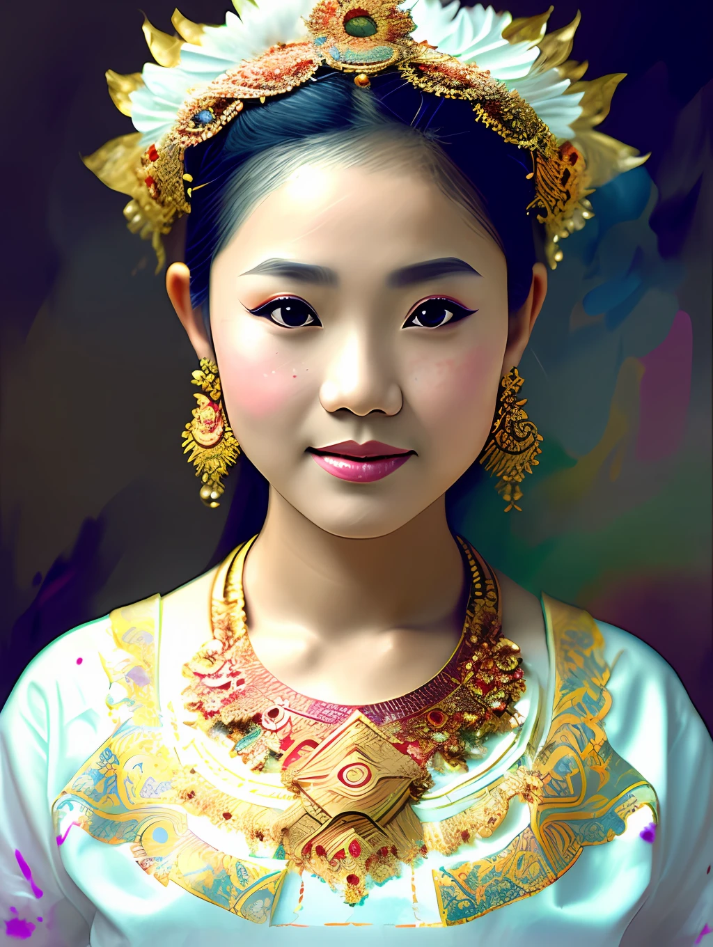 A Thai ethnic traditional dancer, detailed and sharp focus on her face, ultra details, hi-res, portrait by Willem Haenraets, watercolor, wet on wet and splattering techniques, centered, perfect composition, abstraction, surrealism, trending on artstation, sharp focus, studio photo, intricate details, highly detailed, by Greg Rutkowski