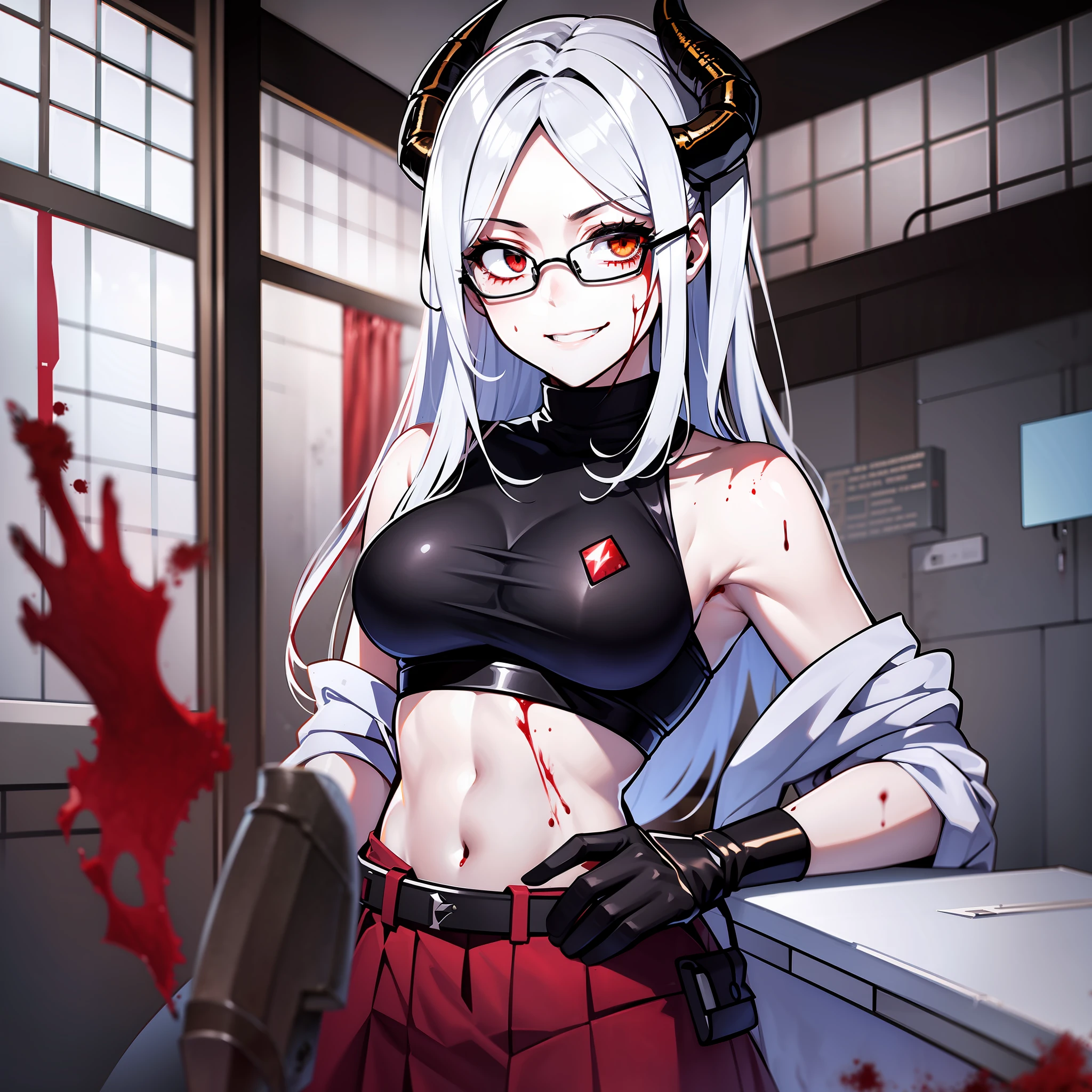 1girl, succubus, belt, scorpion_tail, grey hair, white turtleneck shirt, navel, brown skirt, brown leather gloves, glasses, smile, blood_from_eyes, blood_from_mouth, blood_on_clothes, blood_on_face, blood_on_hands, blood_on_knife, blood_on_weapon, blood_splatter, blood_stain, book, dirty, dirty_clothes, dirty_face, horns, letterboxed, long_hair, nosebleed, pillarboxed, pool_of_blood, scratches, solo, yellow_eyes