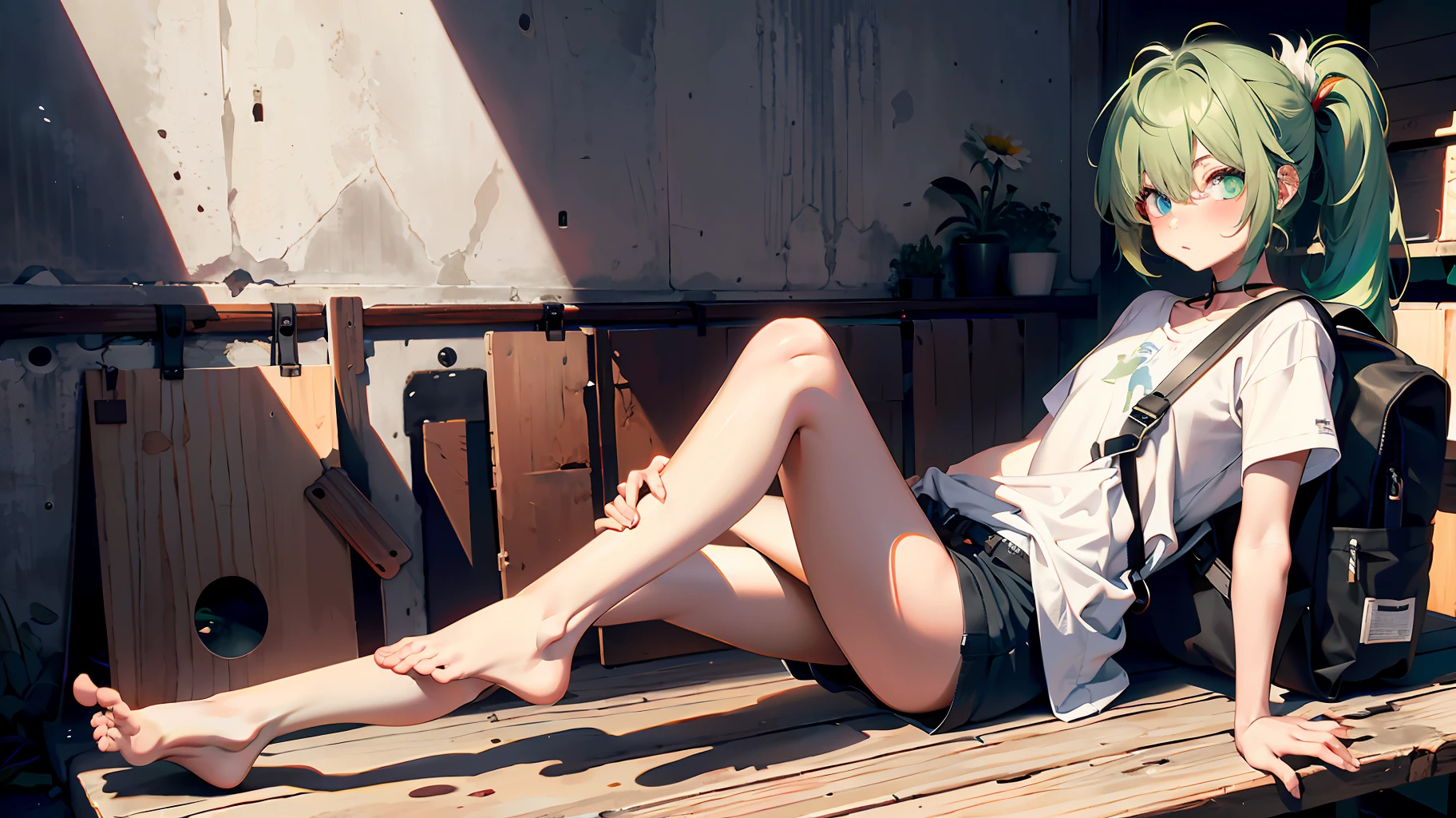 (8k, best quality, masterpiece: 1, 2), top quality, masterpiece, underwear without panties, glasses, green hair, long hair, bangs, big ponytail, heterochromia, blue pupil of left eye, red pupil of right eye, blue pupil of left eye, red eye of right eye, angel wings, head ring, white head flower, casual wear, black backpack strap, neck strap, bare foot, bare foot, single, foot ring, leg ring, flat chest, tomboy, exposed, edge rubbing, leaking flesh, pouting ass