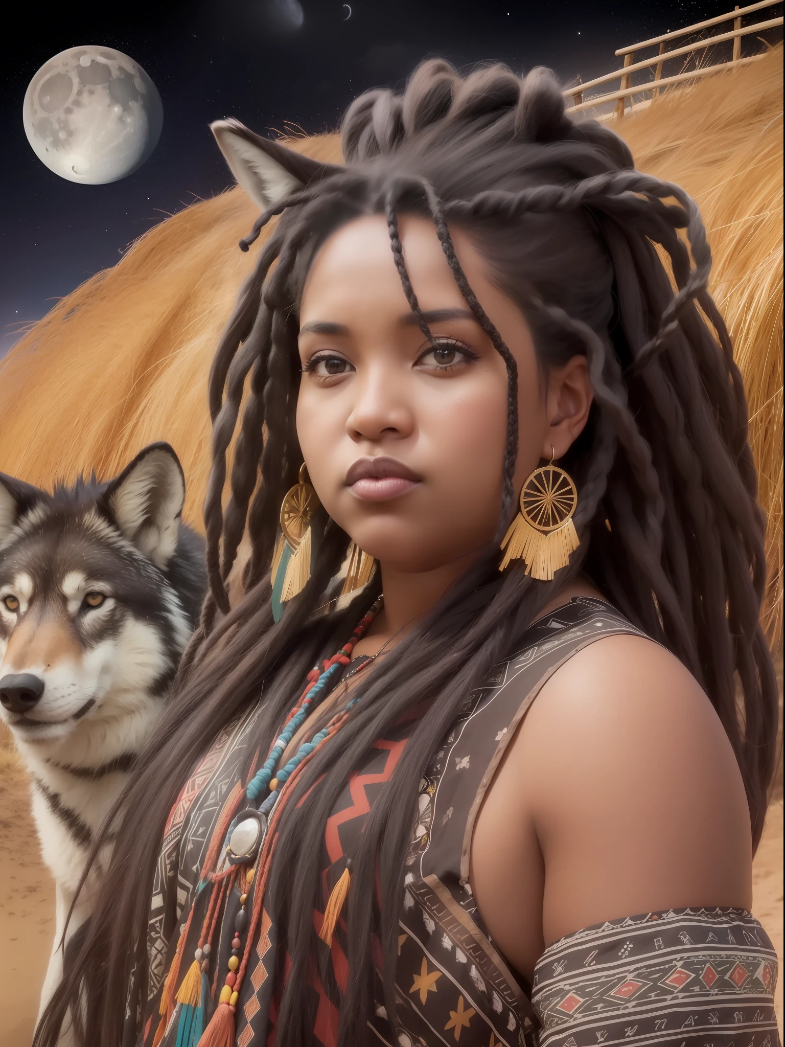 Woman, thirty years, ((fat)), black, ((dark skin)), African American woman, Native American eyes, Native American clothes, square face, desert background, wild west, bonfire in front, gray wolf in the background, serious face, realistic modeling, crescent moon in the sky, constellation of the big dipper in the sky, night, powerful, dreadlock, curly hair