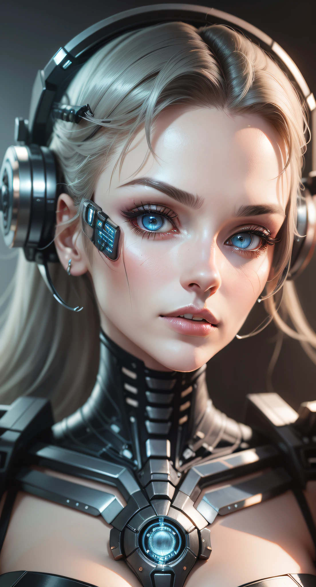 "We present a 3D rendering of high complexity, depicting a female android face of stunning beauty. With robotic parts and vibrant details, this 150mm cyborg radiates elegance in a soft-lit studio. His gaze fixed directly on the camera, in a frontal pose, reveals a captivating profile. With cybernetic elements, anatomically precise facial muscles, electrical cables and microchips, this HR Giger-style masterpiece delivers a high-quality visual experience with extremely delicate details. Its silver helmet adds a touch of sophistication to the beautifully rendered background, resulting in a stunning and hyper-realistic 8K wallpaper, perfect for lovers of the cyberpunk style."