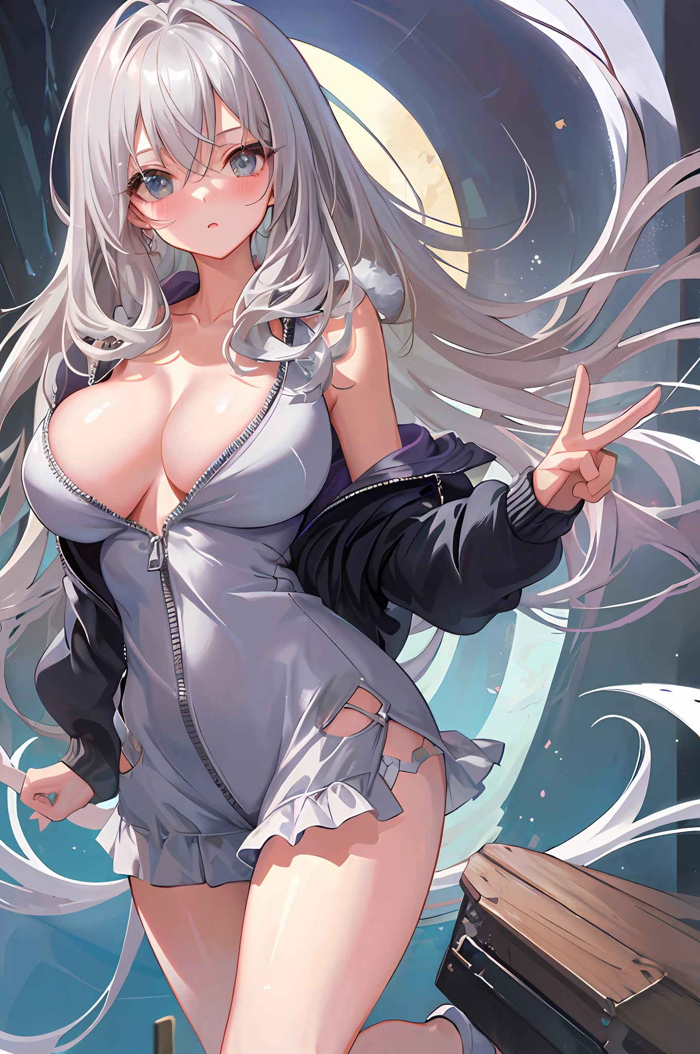 (((Masterpiece))), top quality, super detailed, blush, cute and playful, full zip hoodie, braless, naked hoodie, silver hair, ripping breasts, bare cleavage, transparent, fluffy hairstyle, cleavage, elastic breasts, (big).