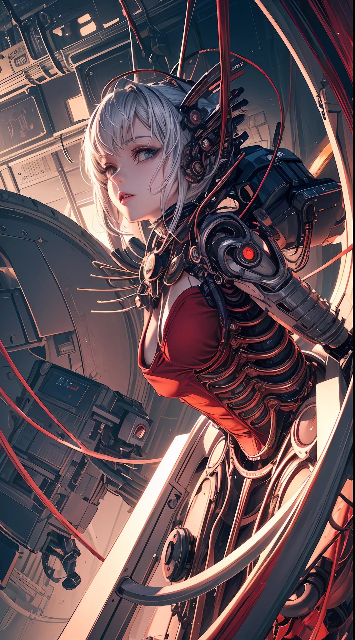 (((Masterpiece))), ((Best Quality)), (Super Detail), (CG Illustration), (Very Evil and Beautiful)), Cinematic Light, ((1 Mechanical Girl)), Single, (Mechanical Art: 1.4), ((Mechanical limb)), (Blood vessel attached to a tube), ((Mechanical spine attached to the back)), ((Mechanical cervical vertebrae attached to the neck), (Back to the viewer)), expressionless, ( Wires and cables attached to the head and body: 1.5), Science Fiction, Apocalypse, Ruins, (Lower Body Integrated with Mechanical Devices), (Blood: 1.5), Cruelty, Absurdity, Eroticism, Fusion with Machines, Doomsday Time, Super Future, Inorganic, Laboratory, Restraint, (Beautiful Indulgence: 1.2), (1 Girl: 1.3), Body Wrapped Around Mechanical Tentacles