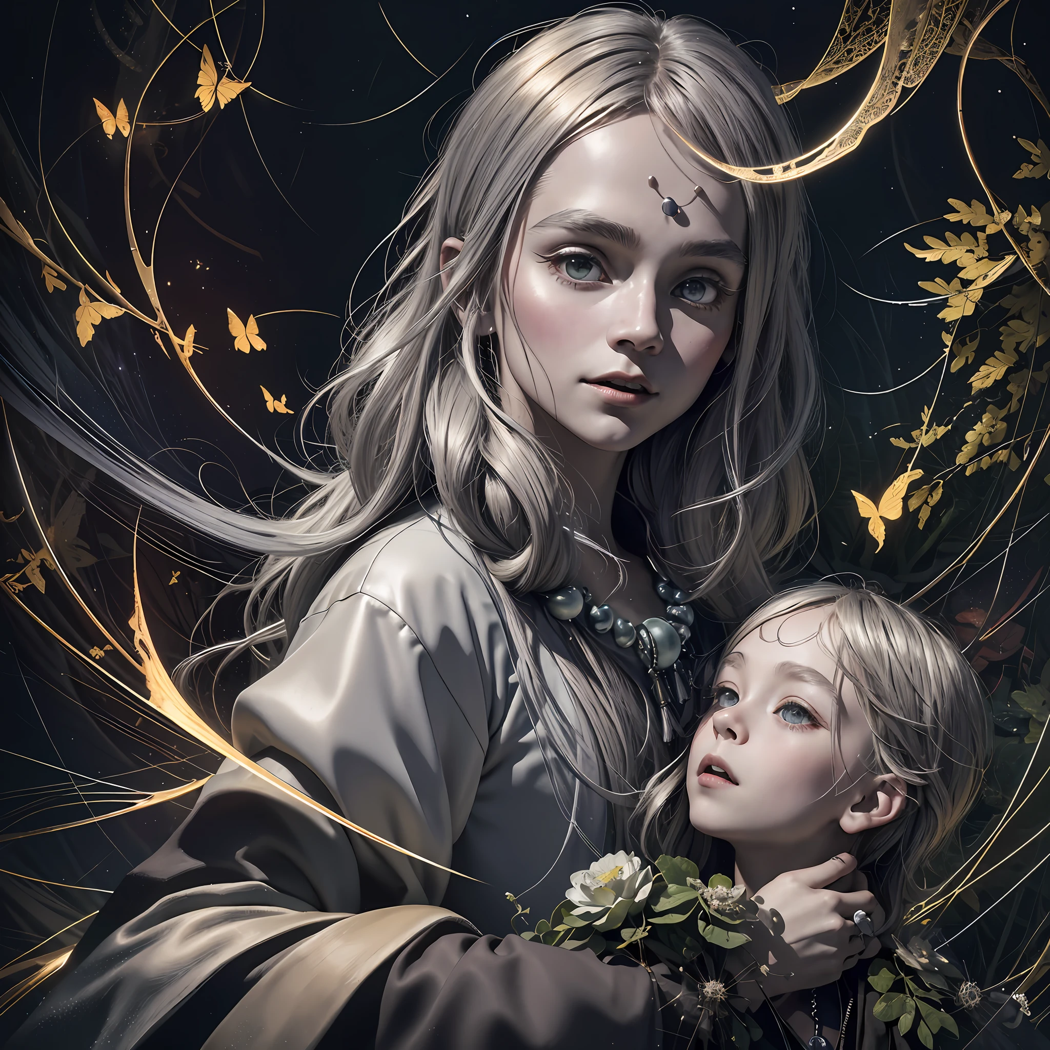 Masterpiece, best quality, MTSpider V4, (((1 young innocent boy)), HDR, very detailed eyes and face, goth, solo, white skin, long hair, beads, japanese clothes, white kimono, silk, stone, forest, northern lights, spider silk, (glowing metal objects hovering in the air and encircling him: 1.2), (arcs and sparks: 1.2), (energy flow: 1.2), (translucent magnetic field lines: 1.2), (gold, silver gray and shimmering light effects: 1.2), horror art, fear, unified 8k wallpapers, ultra-detailed, beautiful and aesthetic, masterpiece, the best quality, deep and rich black shadows, mother earth, smiles, enchanting whimsical fantasy forest background, happiness, enchanting atmosphere, very detailed, dynamic angles, cowboyshot, most beautiful chaotic forms, elegance, fauvist design, bright colors, romanticism, by James Jean, Robbie Devi Antonio, Ross Tran, Francis Bacon, Michal Mlaz, Adrian Ganey, Petra Corright, Gerhard Richter, Takashi Yamamoto, Ashley Wood, Atmospheric
