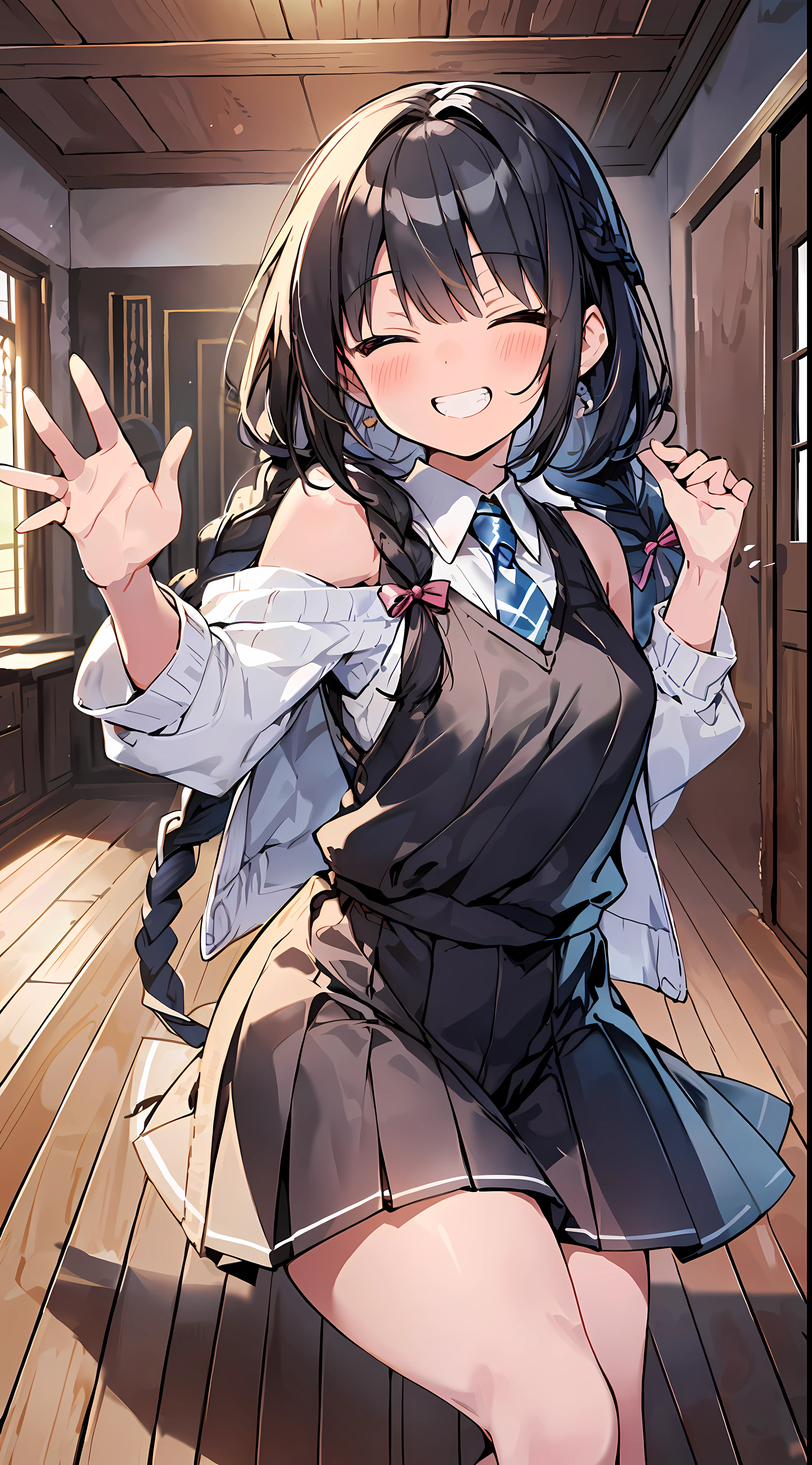 Top Quality, Best Masterpiece, Ultra High Definition, 8K, White Sweater Vest, Anime Style Little , Single, Ultra Detailed Line Art, Digital Enhancement, Anime Core, Flowing Fabric, Close Up, ((Hair length to shoulder and short braid)), staring at us from the front, Soft drawing, Beautiful black hair, (((Littanime style)), Crisp eyes, grin, teeth, wide mouth, closed eyes, highfive, ultra-detailed digital anime art, clear face depictions, ultra-detailed anime character art, ultra-detailed manga style, top quality colors, hand gestures, foot-up angles, indoors