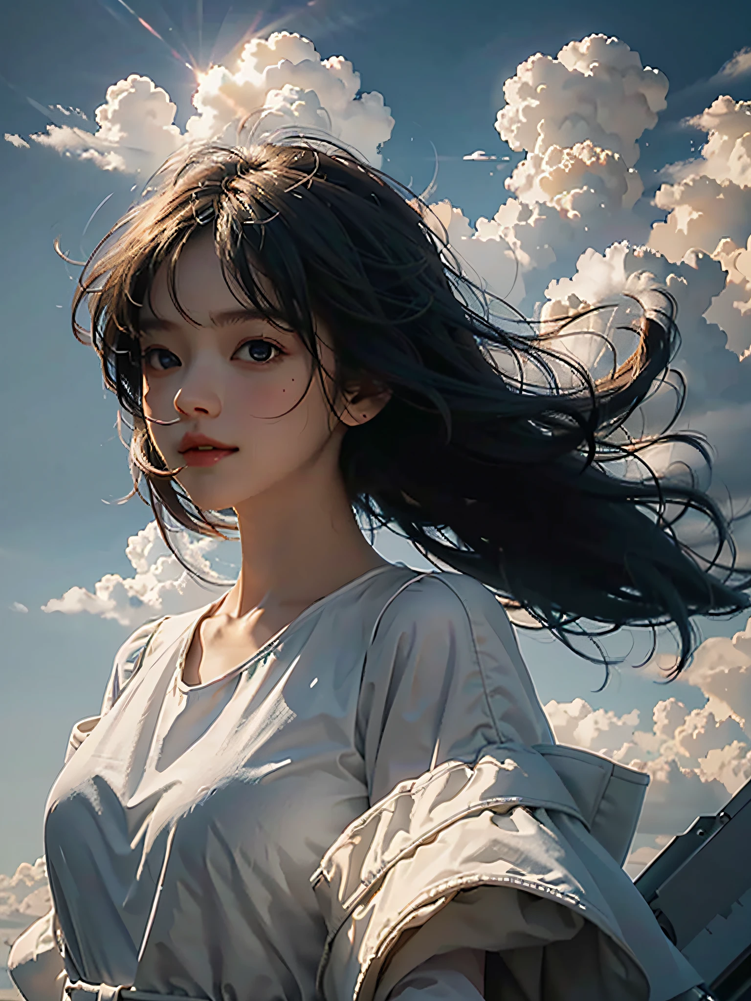 masterpiece, best quality, movie still, 1girl, floating in the sky, cloud girl, cloud, (close-up:1.1), bright, happy, fun, soft lighting, (Bauhaus, shapes, lines, abstract:1.1)