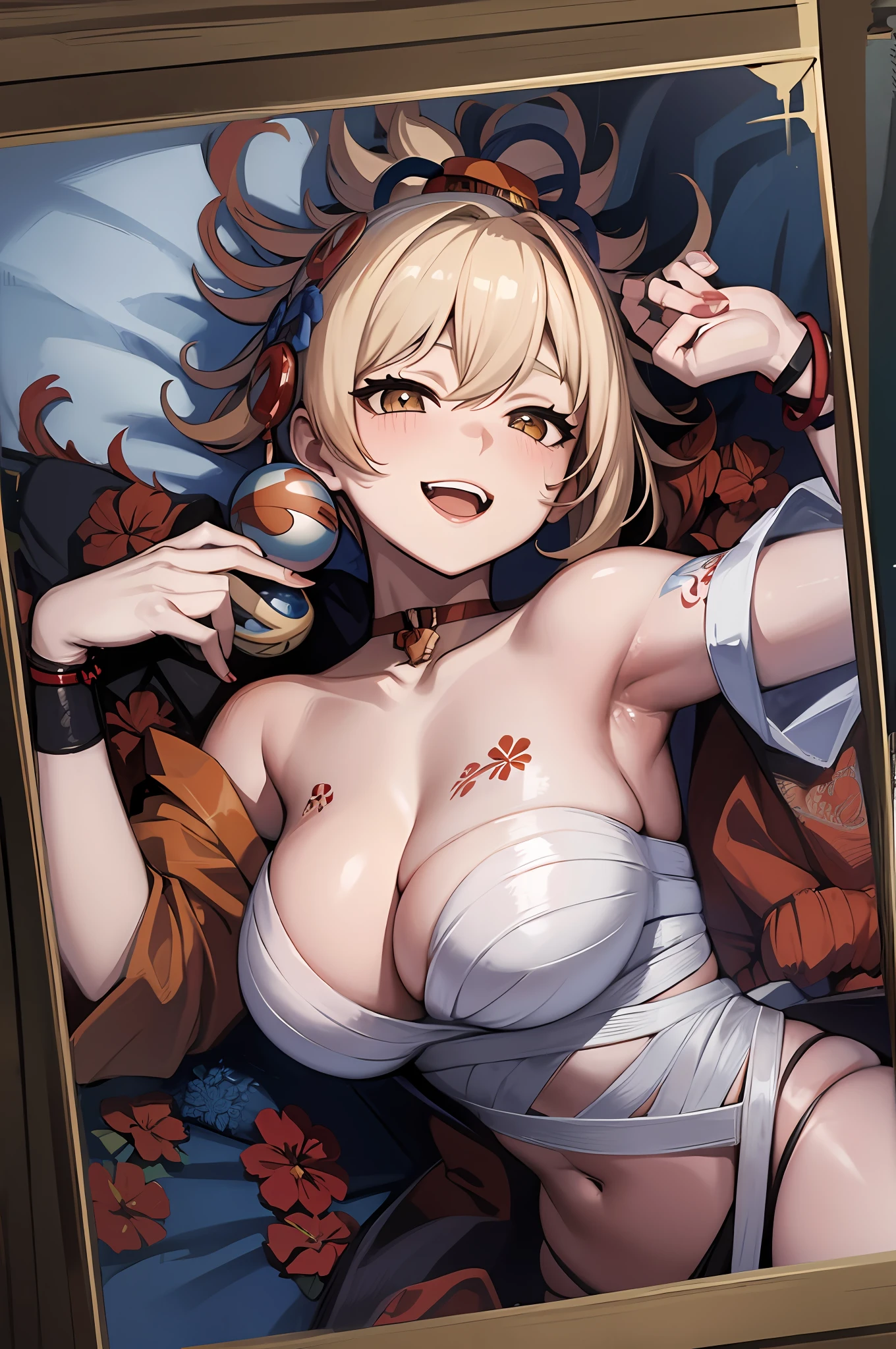 Yoimiyarnd, busty, cleavage, lying on bed, (from above view), sexy body, thighs, blushing:1.3, smiling